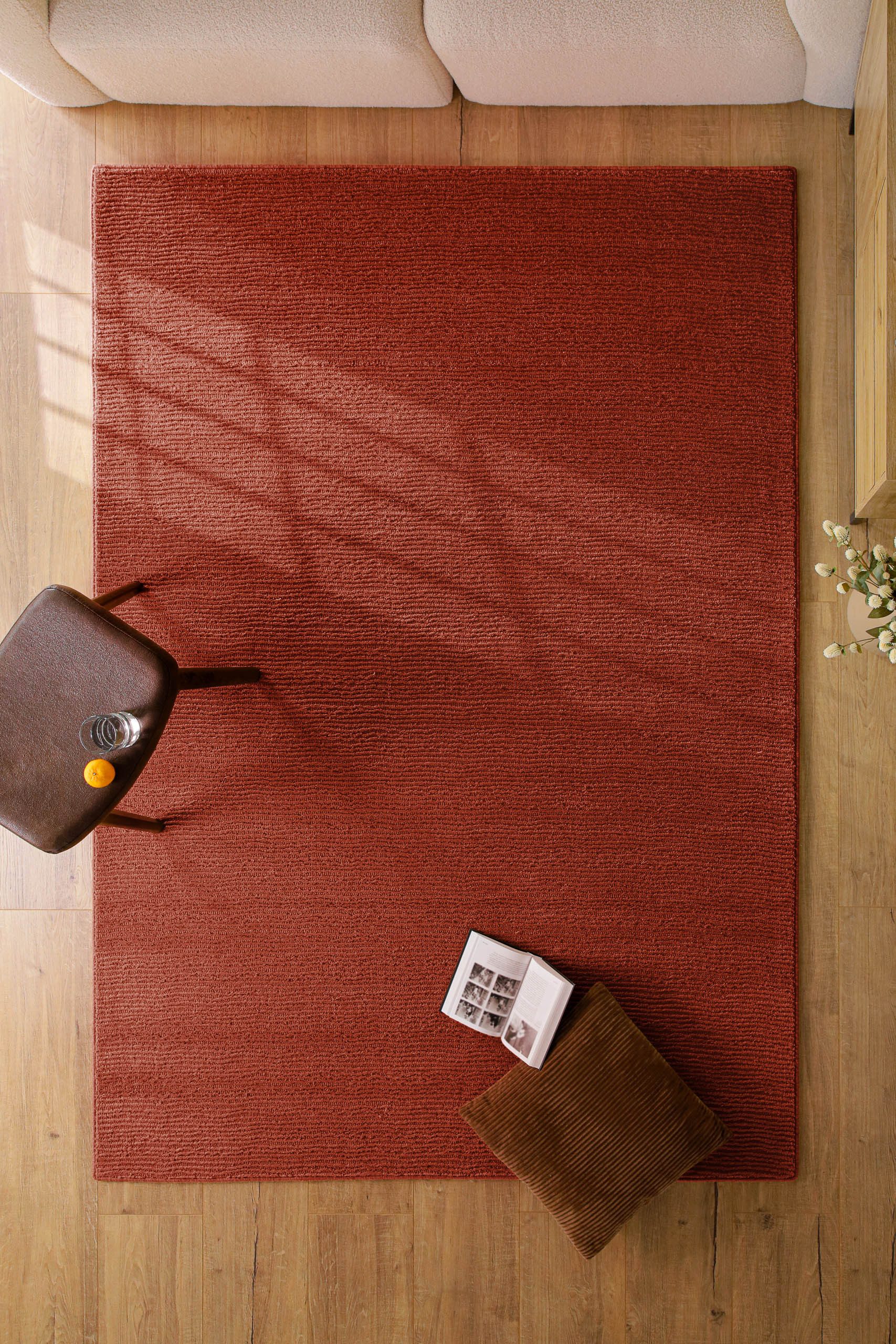Wecon home Teppich Castello ONE, rechteckig, Höhe: 7 mm, Schurwolle, Kurzflor mit Hoch-Tief-Effekt, Wohnzimmer, Streifenmuster