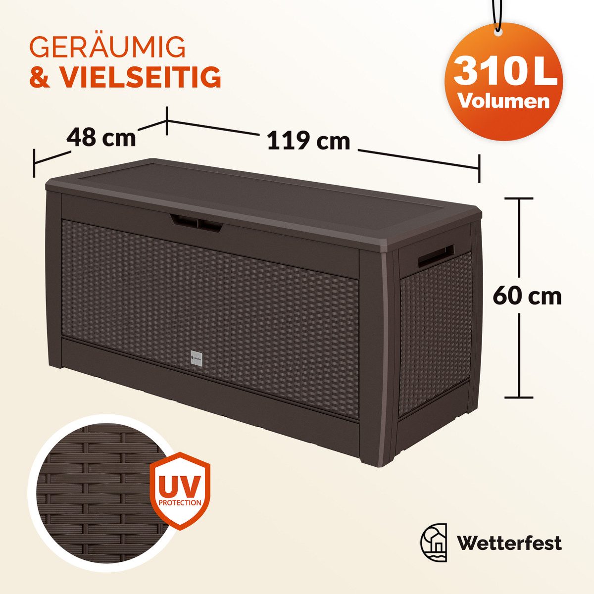 Casaria Auflagenbox Rato, UV-beständig 310L Haltegriffe Balkon Wohnzimmer Rattan-Optik Grau – Bild 3 von 5