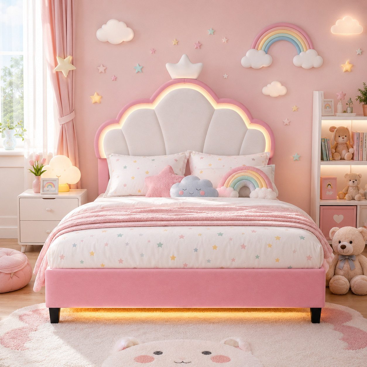 Simurq Kinderbett 140x200 cm Mädchen Bett Mit LED, Kopfteil in Kronenform und Lattenrost (Set, Ohne Matratze), Polsterbett Prinzessinbett mit Gepolstertem Kopfteil, Samt