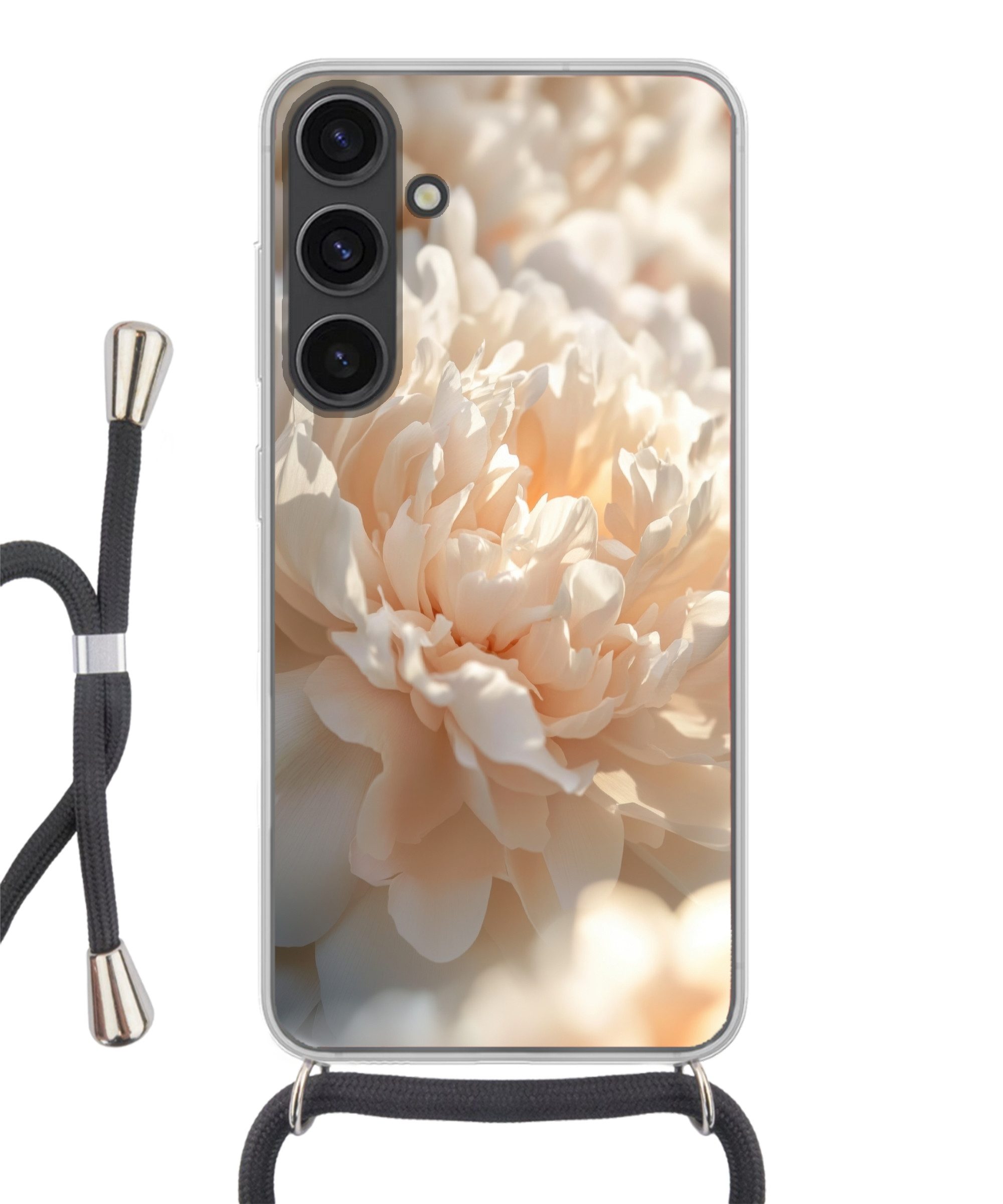 MuchoWow Handyhülle für Samsung Galaxy S24 Plus Nahaufnahme - Pfingstrose - Hellrosa, Tragbare Handyhüllen mit Kette zum umhängen, Handykette Handyband