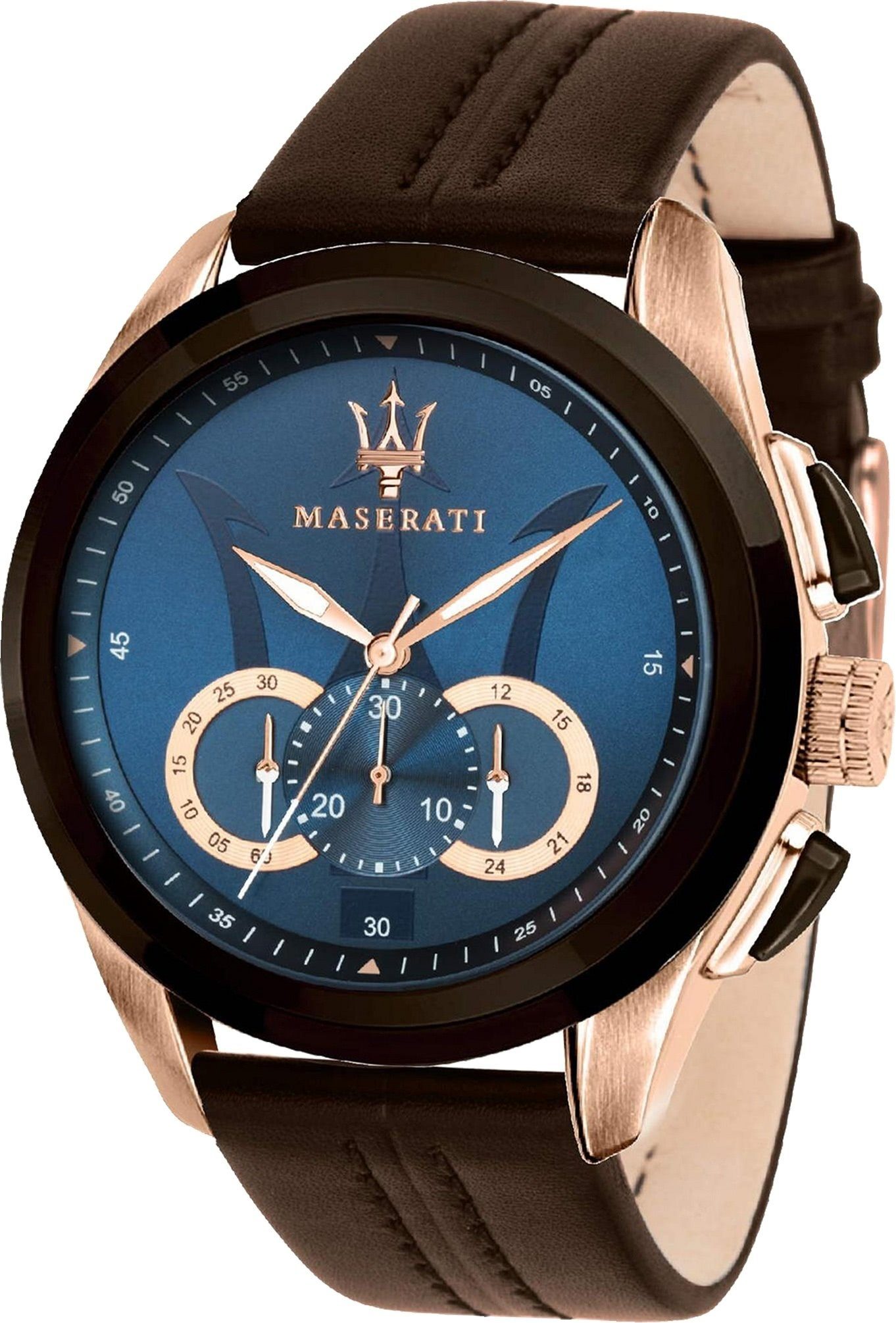 MASERATI Chronograph Maserati Leder Armband-Uhr, (Chronograph), Herrenuhr Lederarmband, rundes Gehäuse, groß (ca. 55x45mm) blau