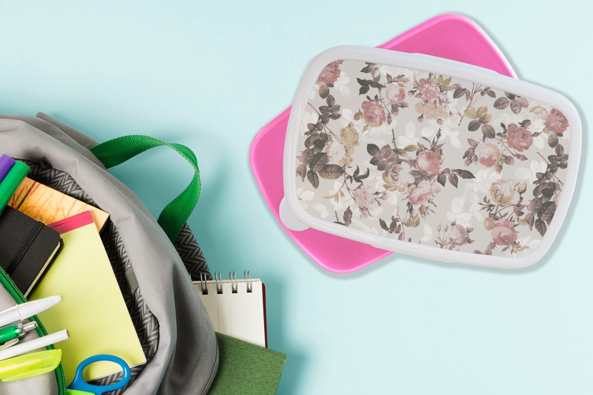 MuchoWow Lunchbox Muster - - Kinder, Blume Kunststoff, Erwachsene, Brotdose Brotbox (2-tlg), für Rosa, Kunststoff Mädchen, Snackbox