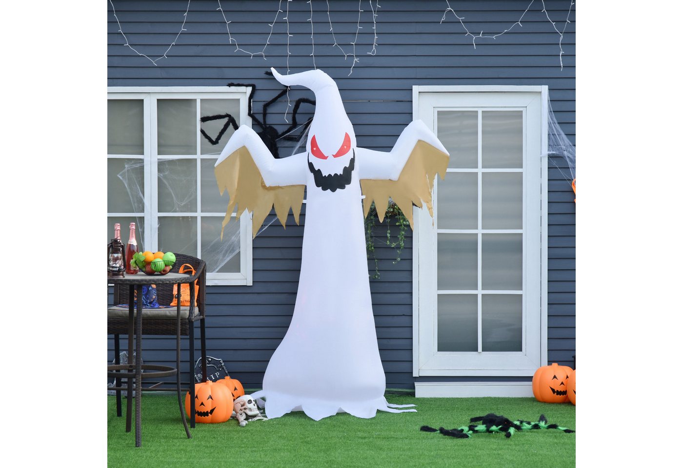 HOMCOM LED-Dekofigur Selbstaufblasendes Gespenst 2,4 m mit IP44 (Halloweendeko, 1 St., Aufblasbare Halloweendekoration), Polyester Weiß+Rot 150 x 80 x 240 cm