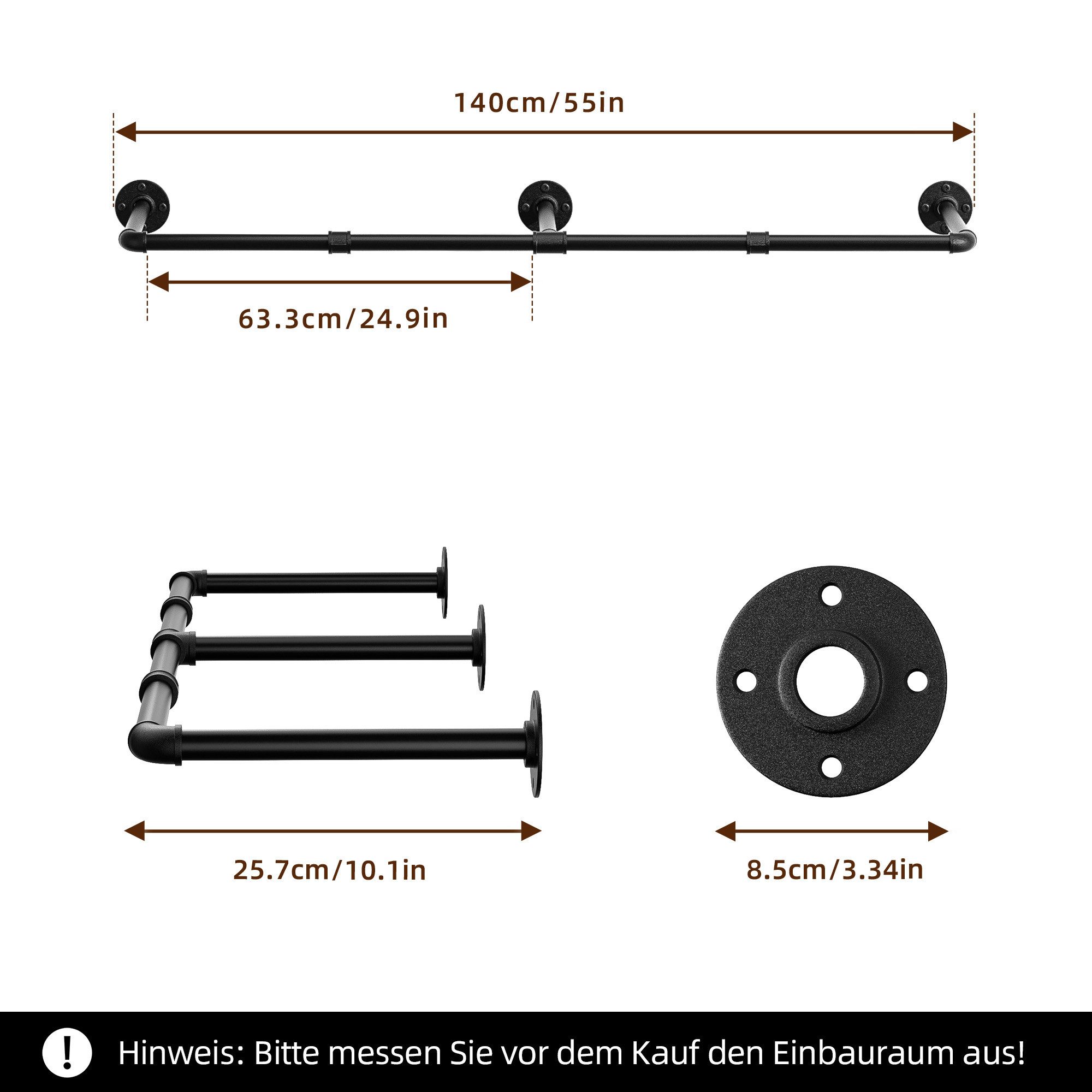niffgaff Kleiderständer Wandmontage Vintage aus Eisenrohr, (1 St), 140 cm, belastbar bis 63 kg, inkl. 6 S-Haken, platzsparend
