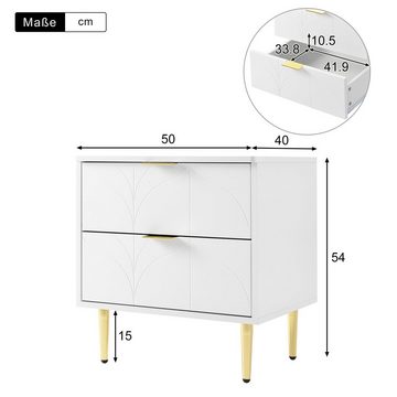 BlingBin Nachttisch Moderner sideboard 2er-Set mit 2 Schubladen, 50B*40T*54H cm, weiß (Ecken mit Anti-Bump-Design, mit vergoldeten Füßen und Knöpfen)