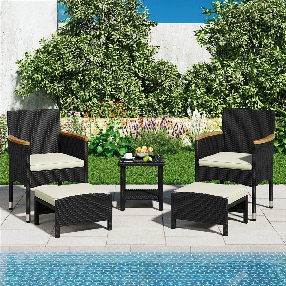 Yaheetech Gartenlounge-Set 5er Garten-Set in Rattan-Optik, mit 2 Sessel & 2 Fußhocker & 1 Kaffeetisch für Garten/Hof/Balkon