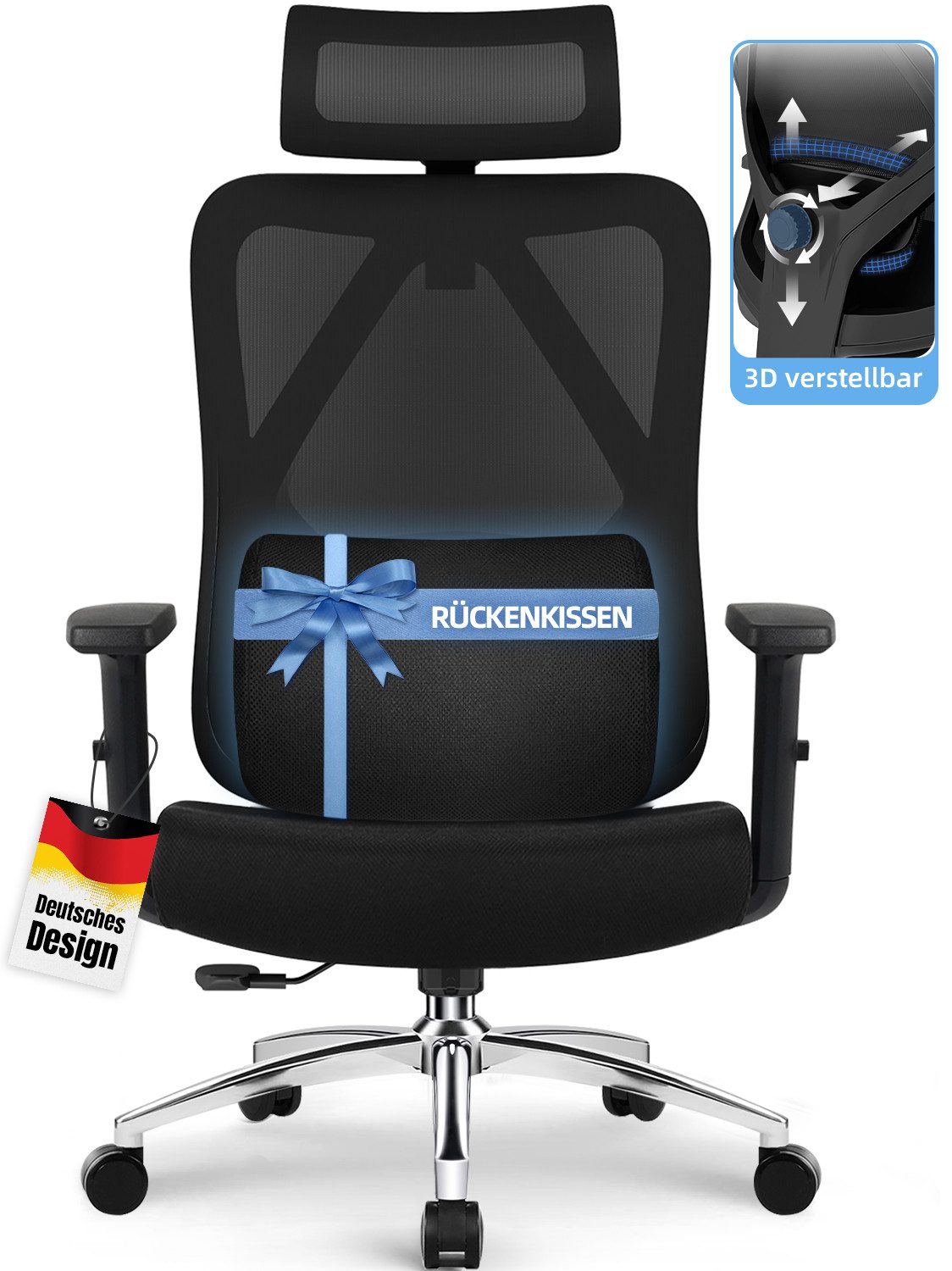 Lexzurn Bürostuhl Bürostuhl ergonomisch, Schreibtischstuhl 3D Memory-Schaum Lendenstütze (Wippfunktion bis 135°, Bis 200kg Belastar, Atmungsaktiv Mesh), Höhenverstellbarer Chefsessel Drehstuhl