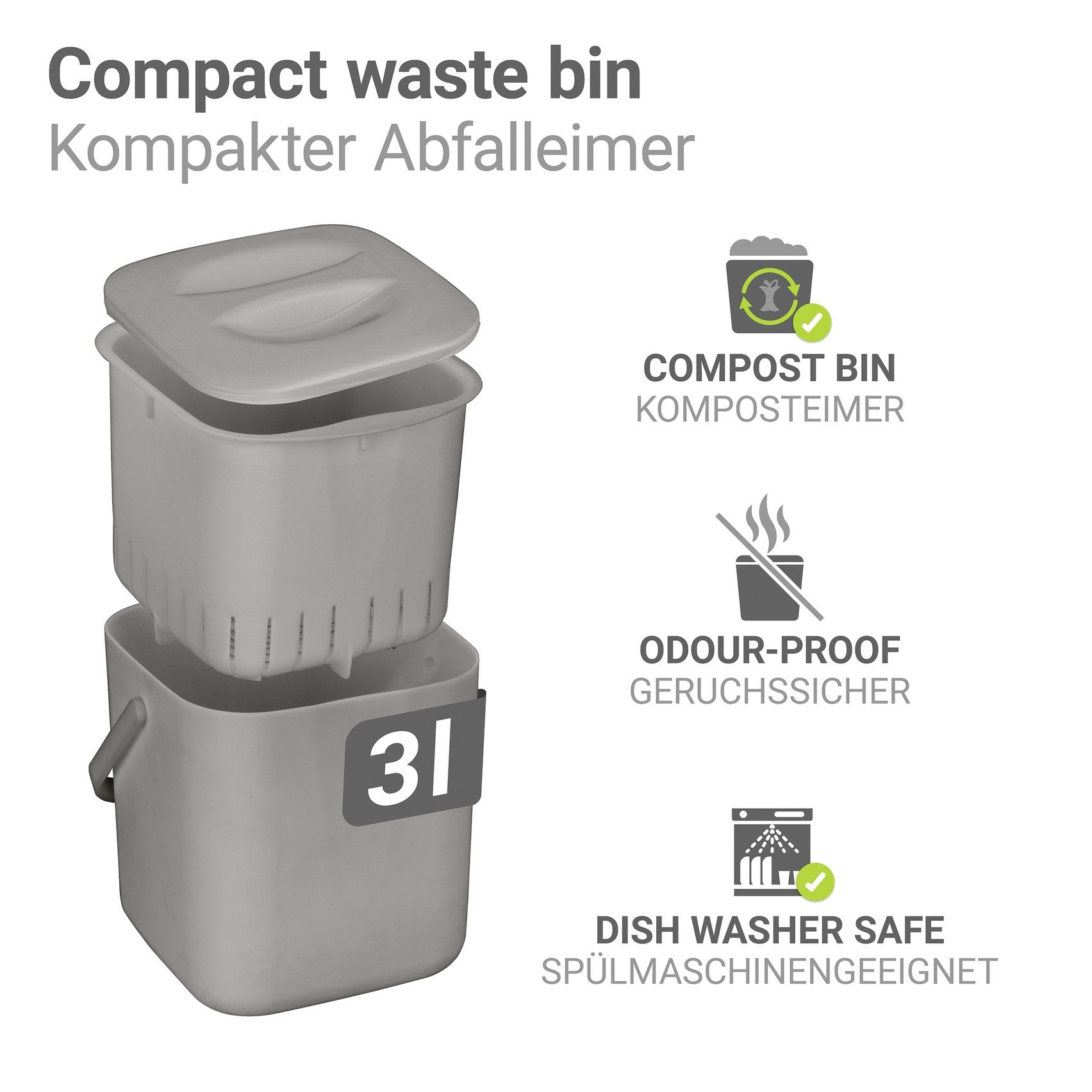 WENKO Biomülleimer Modell Conny, Komposteimer, Abfallsammler mit herausnehmbarem Sieb und Henkel, 3 L