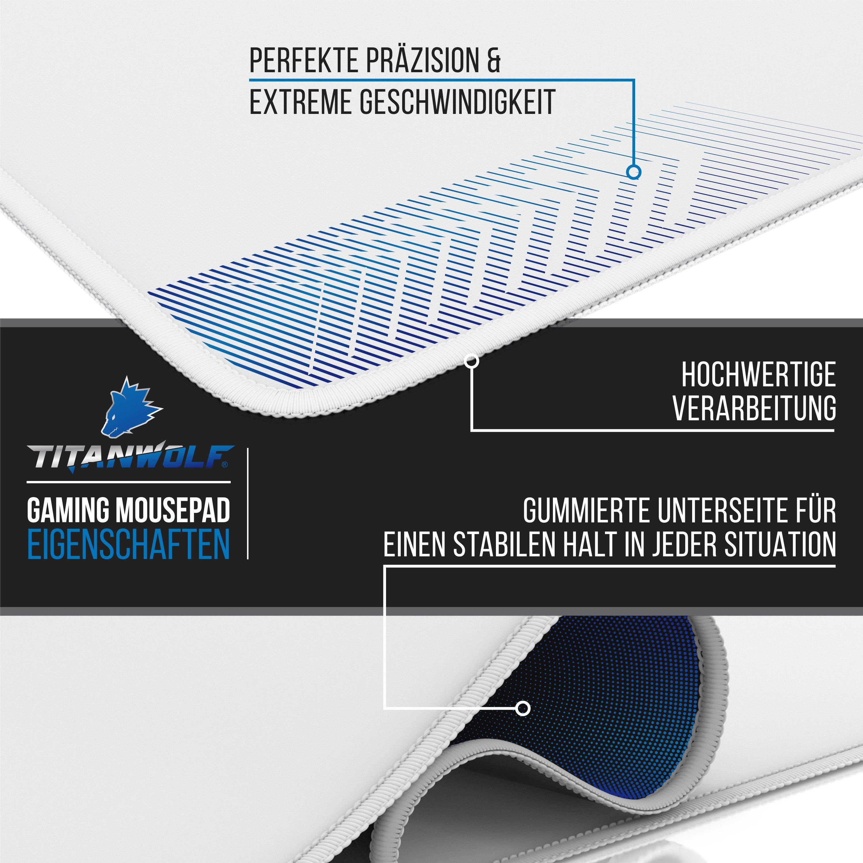 Titanwolf Gaming Mauspad XXXL Speed Mousepad 1200 x 600 x 3 mm, große Tischunterlage, rutschfest, abwaschbar, Geschwindigkeit & Präzision, weiß