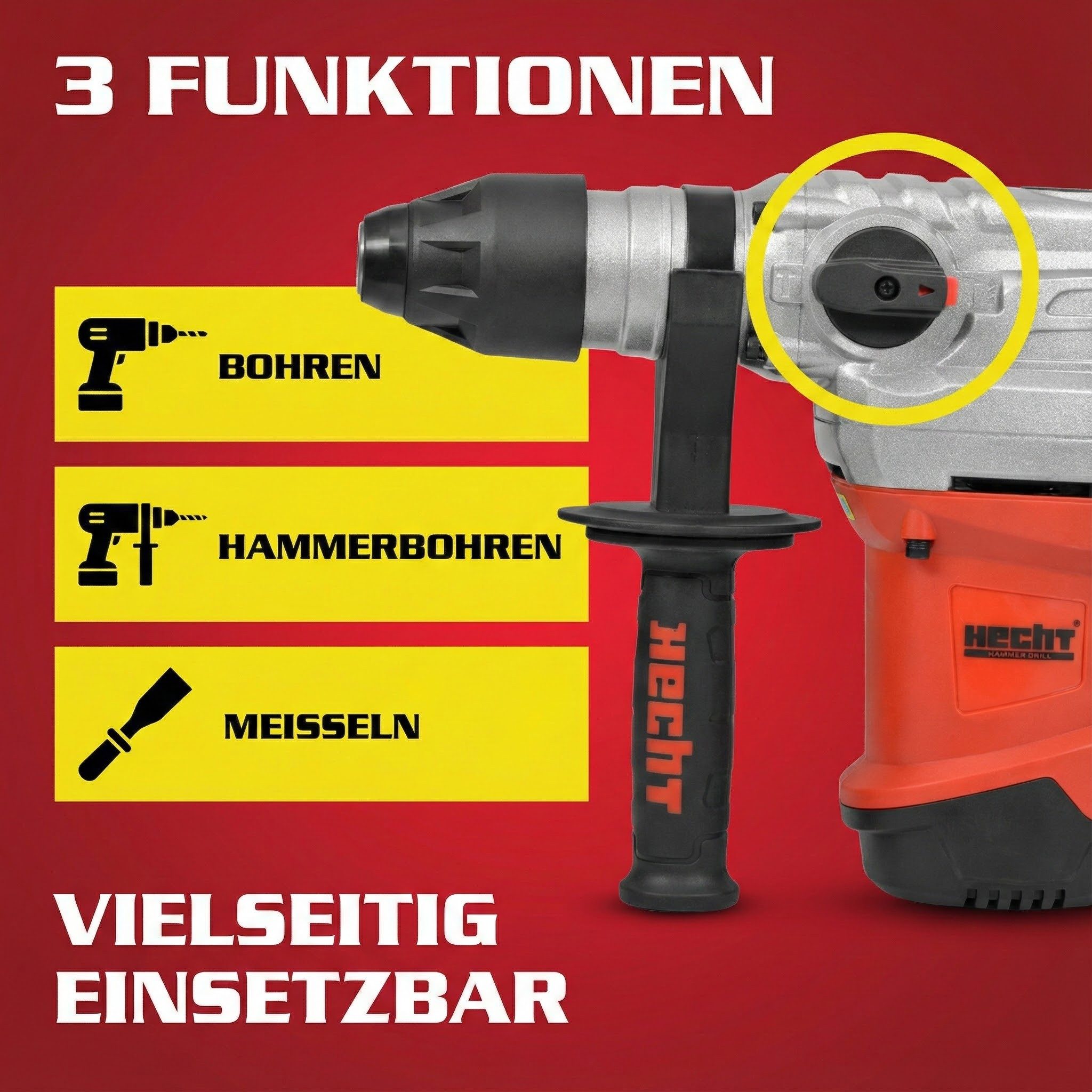 Hecht Bohrhammer mit Kabel 1500W SDS-Plus 4250 U/min, 230 V, max. 860 U/min, mit Koffer