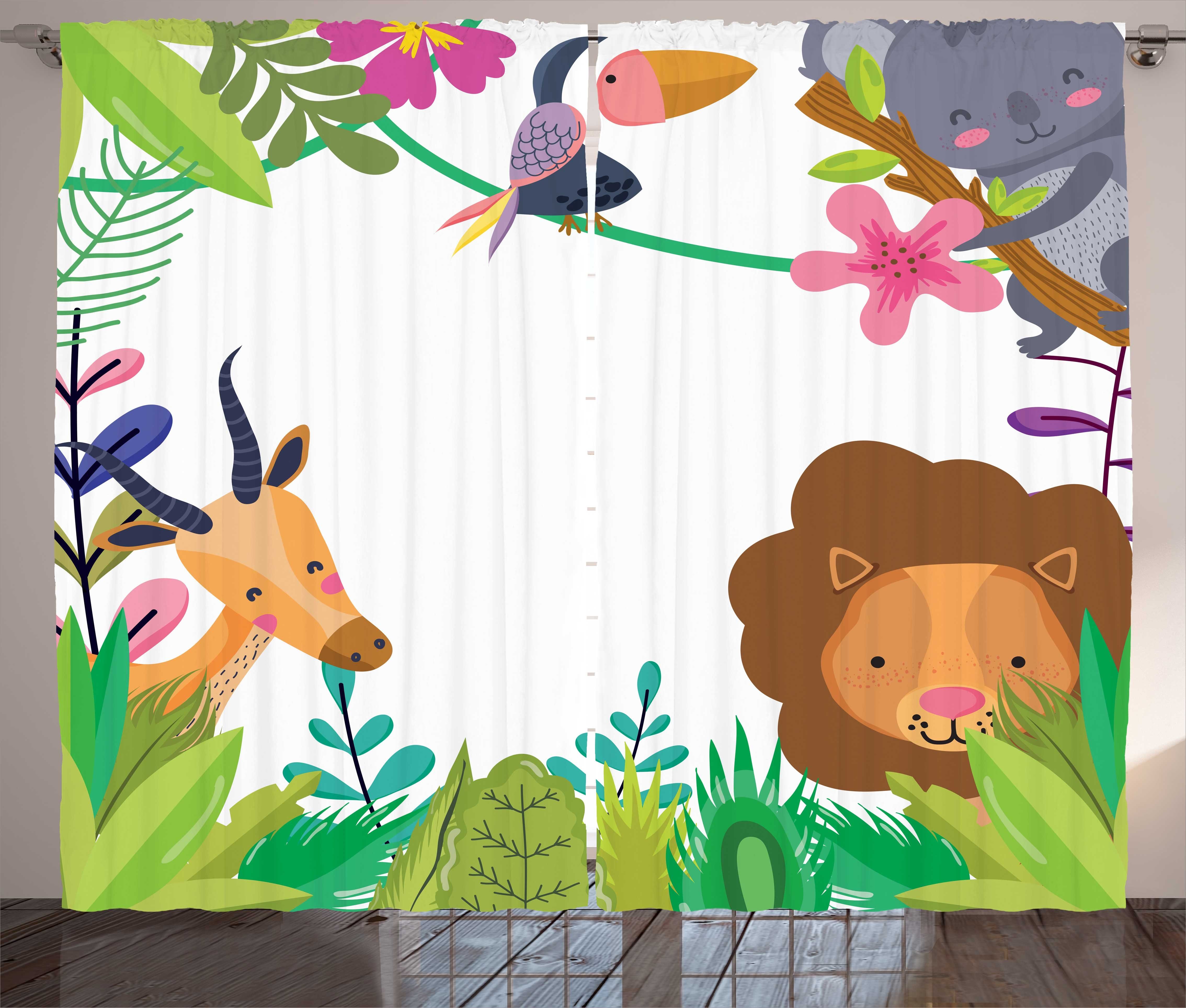Löwe Cartoon-Tier Schlafzimmer Schlaufen Kräuselband Vorhang mit Haken, und Illustrationen Abakuhaus, Gardine