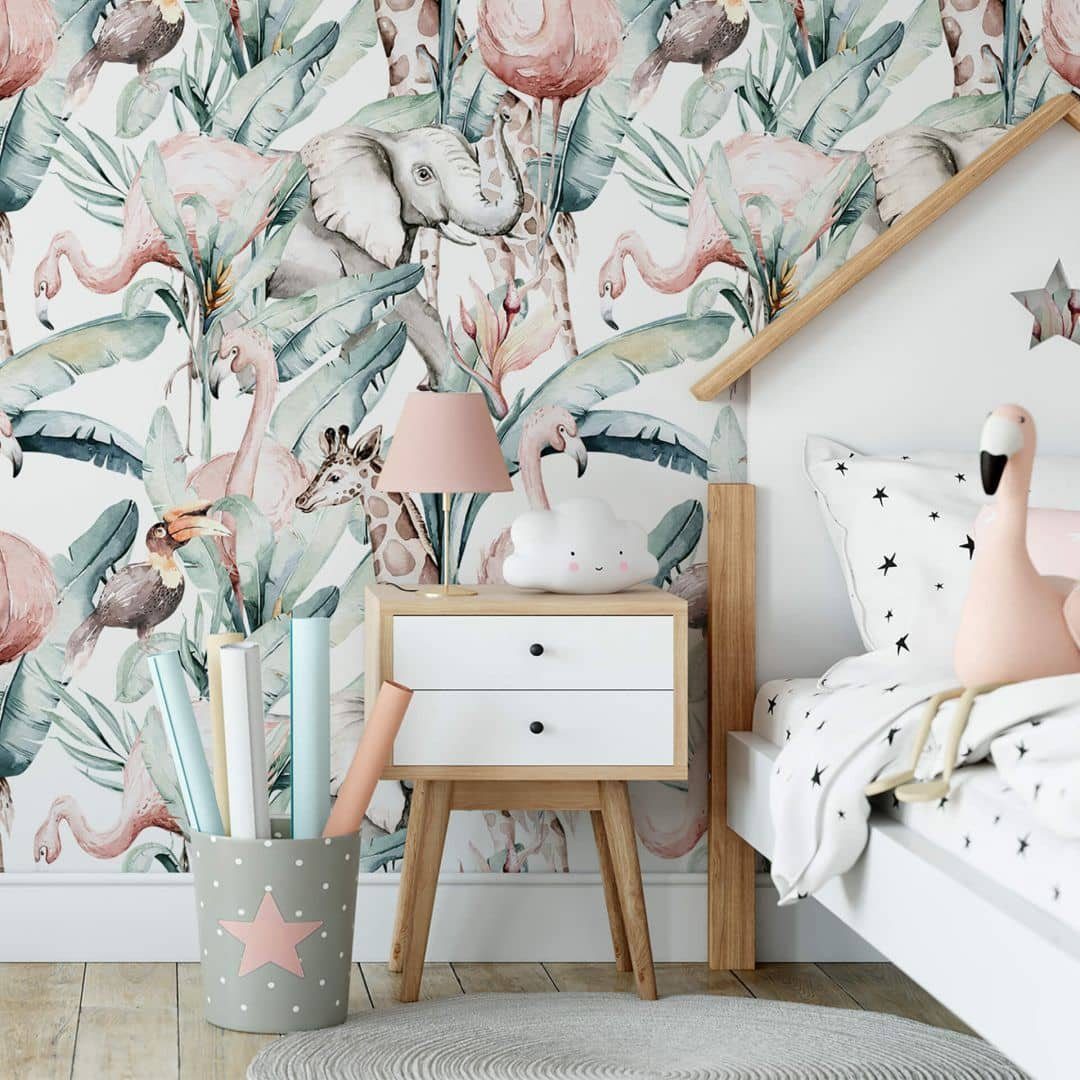K&L Wall Art Mustertapete Kinder Schlafzimmer Dschungel Tiere Elefant Giraffe Papagei Tukan, Dschungeltiere Tapete