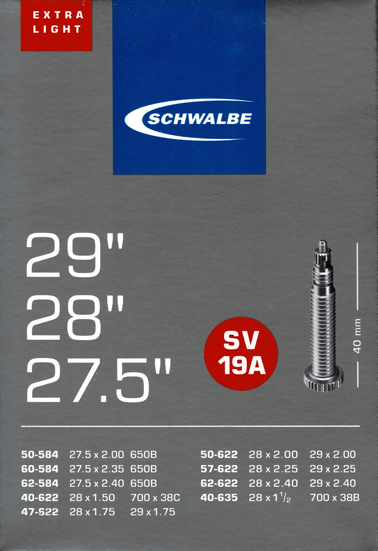 Fahrradschlauch Schwalbe SV 19A 29 Zoll Extra Light Schlauch Sclaverand Ventil