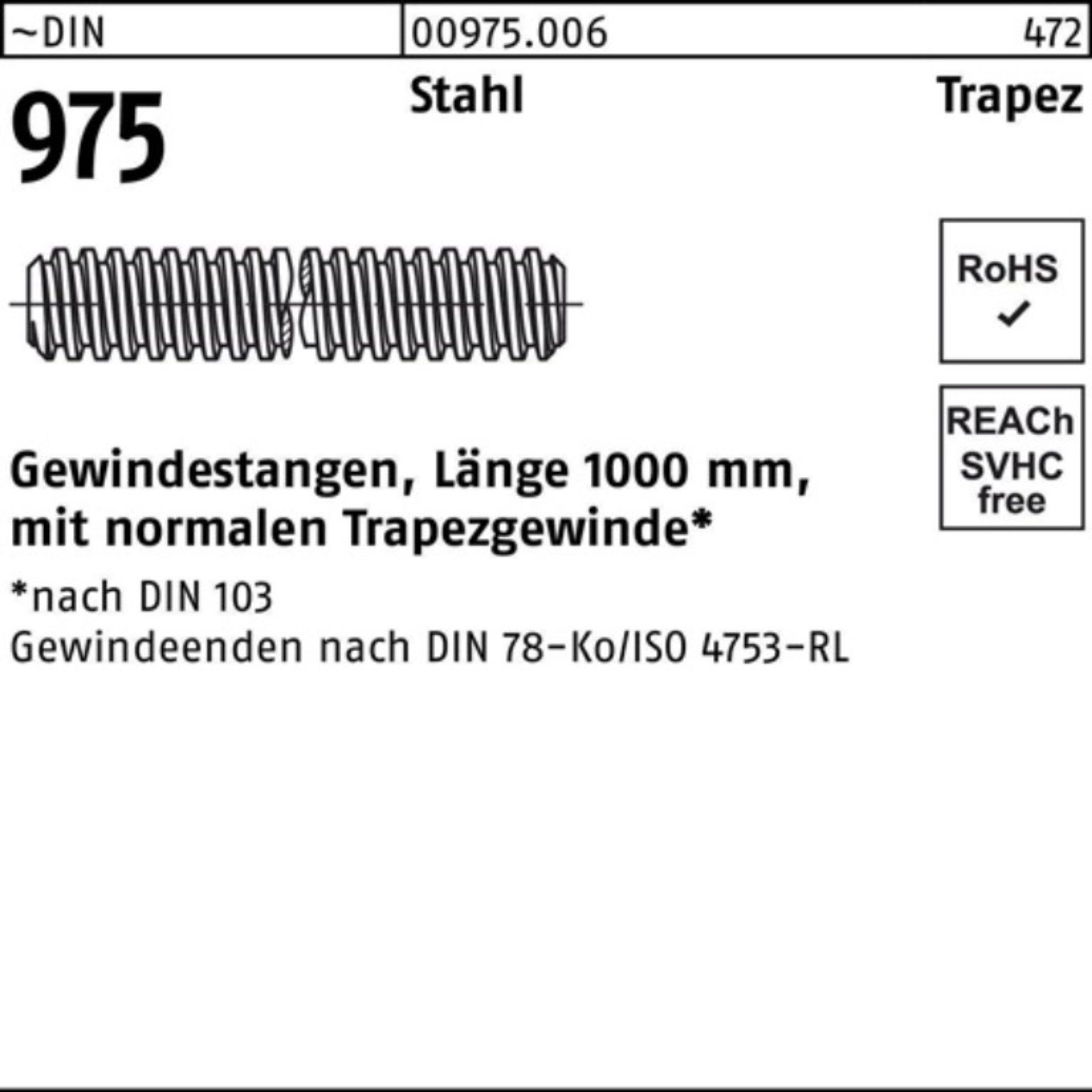 Reyher Gewindestange 100er Pack Gewindestange DIN 975 Trapezgewinde TR 20x 4x 1000mm Stahl