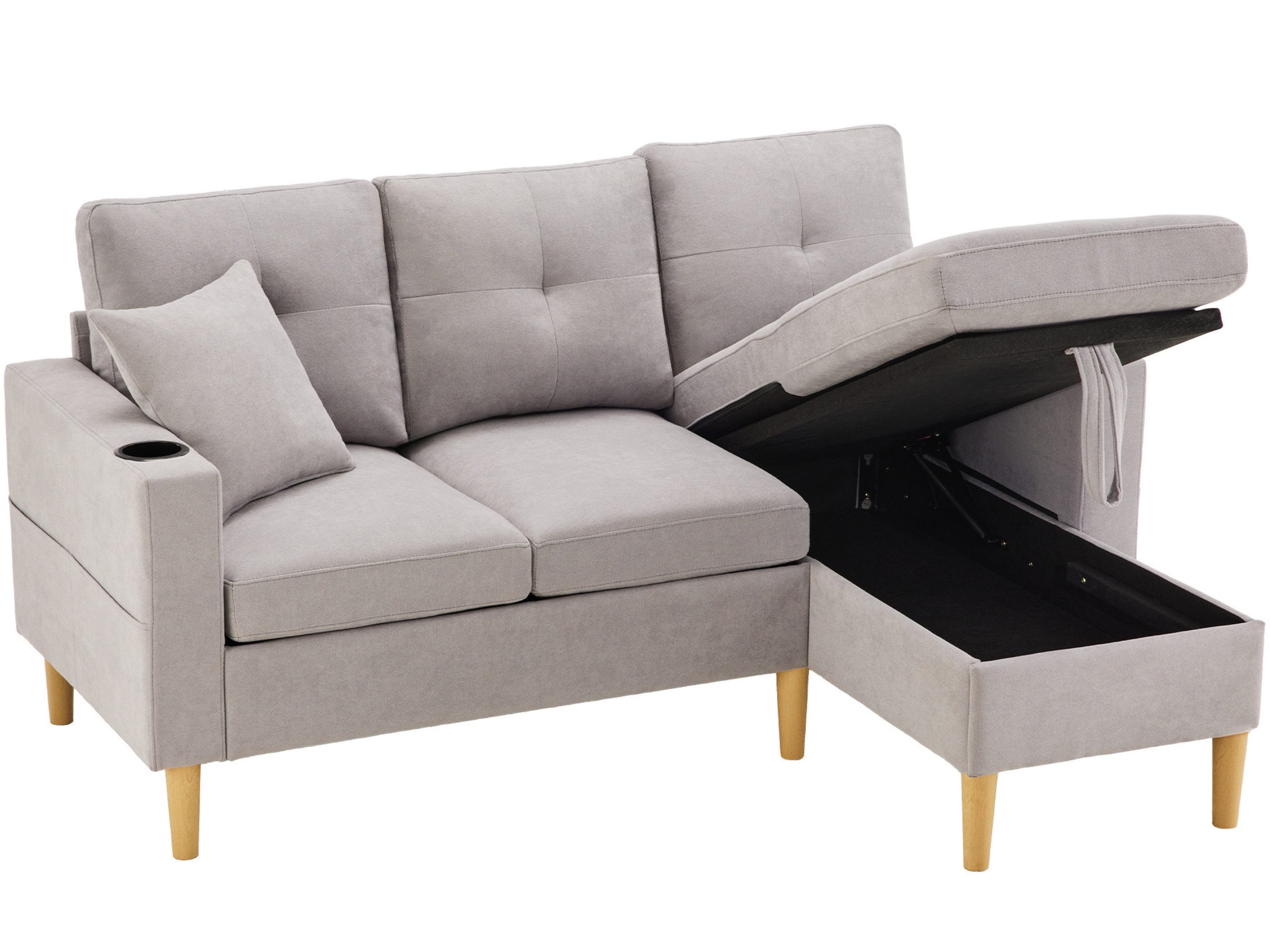 SeedWave Sofa 3 Sitzer Ecksofa L-Förmige Couch mit Unterem Stauraum, Becherhaltern, Eckcouch mit Seitentaschen, 2 Kissen