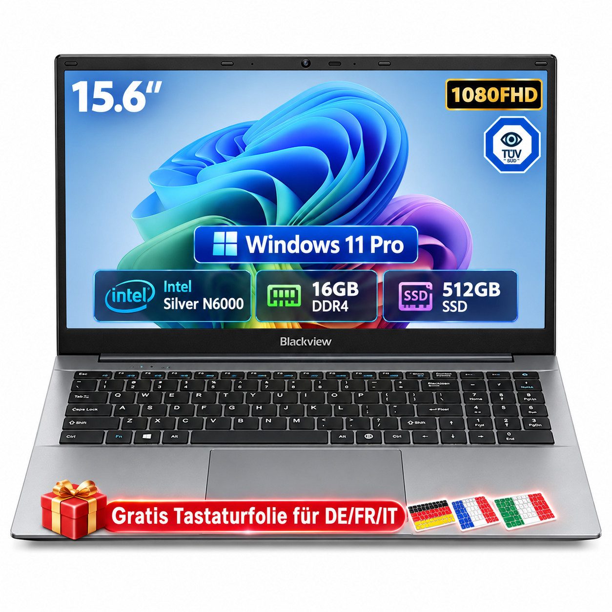 blackview 2026 15.6" FHD IPS Acebook 5 Intel 16GB+512GB Windows 11 Pro Notebook (39,62 cm/15.6 Zoll, Intel N6000 Intel Pentium Silver N6000, Intel UHD Graphics, 8 GB, 256 GB SSD, Windows 11 Pro, FHD+ IPS, Silikon-Tastaturschutz, (deutsche Folie)