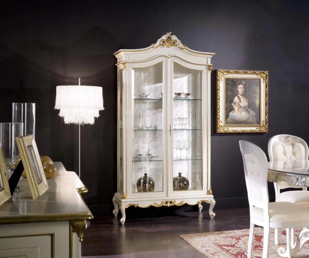 Barock Möbel Prunkvolle - - Padrino Italy Made Vitrine Casa Handgefertigter Vitrine Gold - Qualität Barock Vitrinenschrank Luxus Massivholz Glastüren - Luxus Weiß / mit 2 in