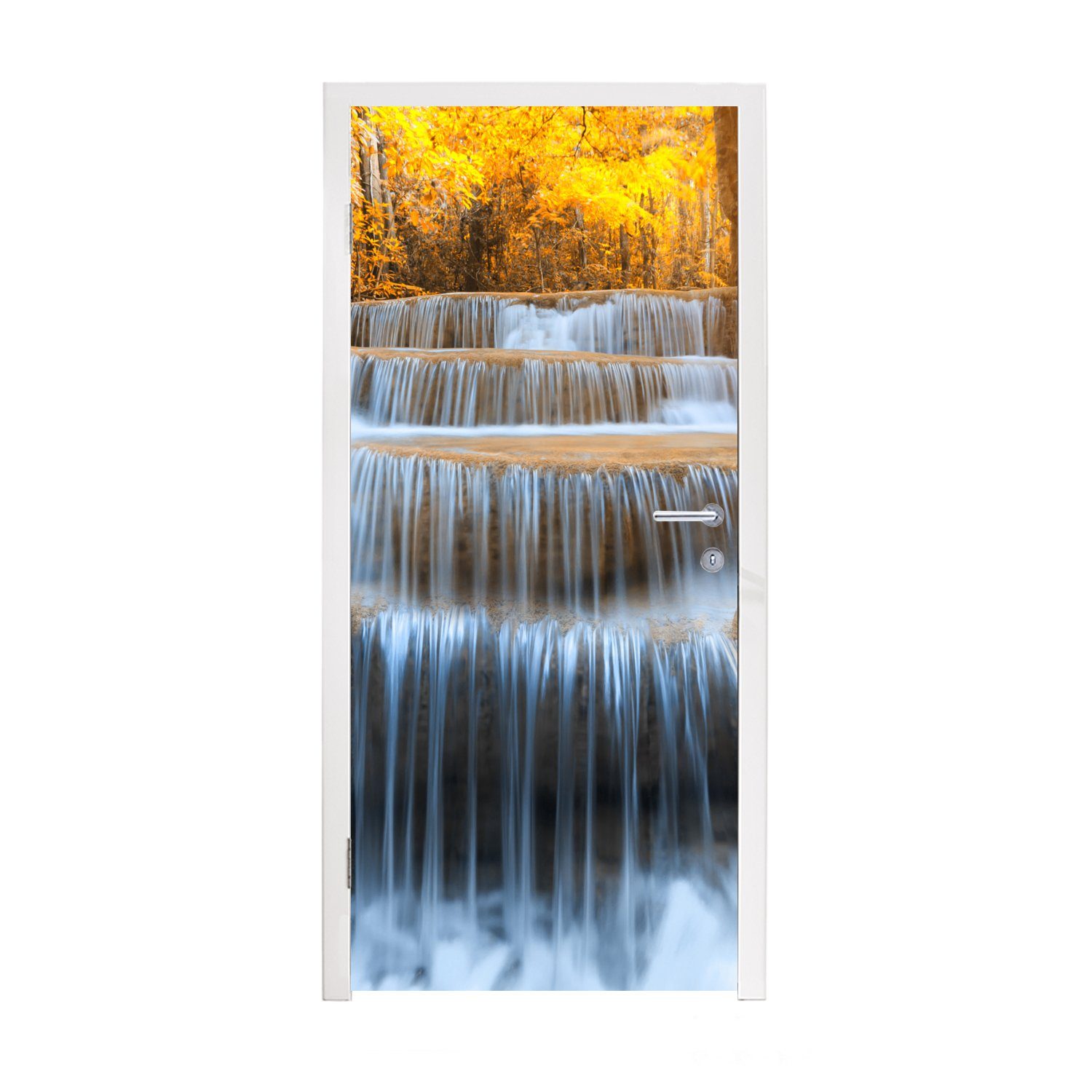MuchoWow Türtapete Wasserfall - Natur - Bäume - Herbst - Landschaft, Matt, bedruckt, (1 St), Fototapete für Tür, Türaufkleber, 75x205 cm