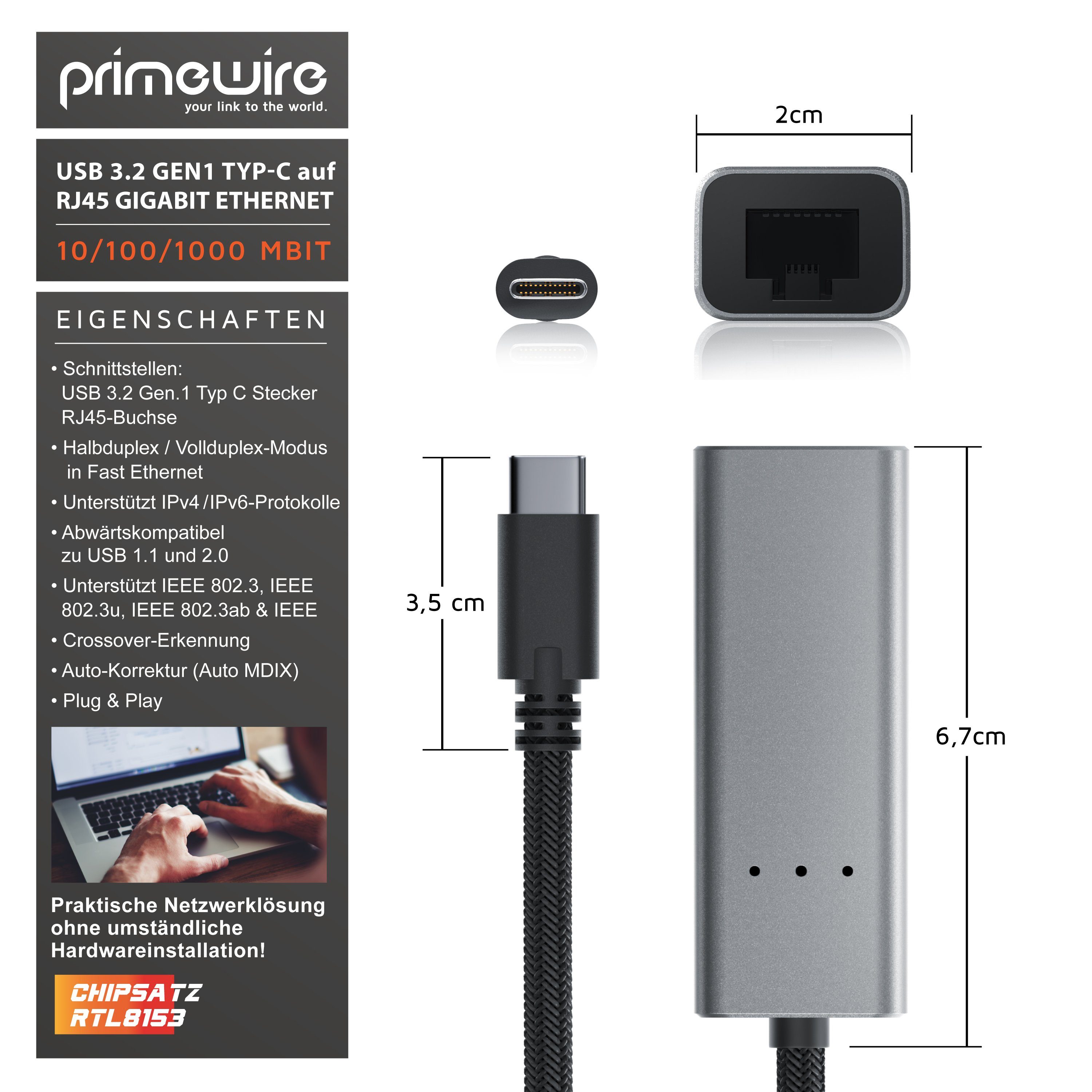 Primewire Netzwerk-Adapter USB Typ C, RJ-45 zu USB Typ C Stecker, RJ-45 Buchse, USB-C zu RJ45 Gigabit Netzwerkadapter, Externe Netzwerkkarte Konverter
