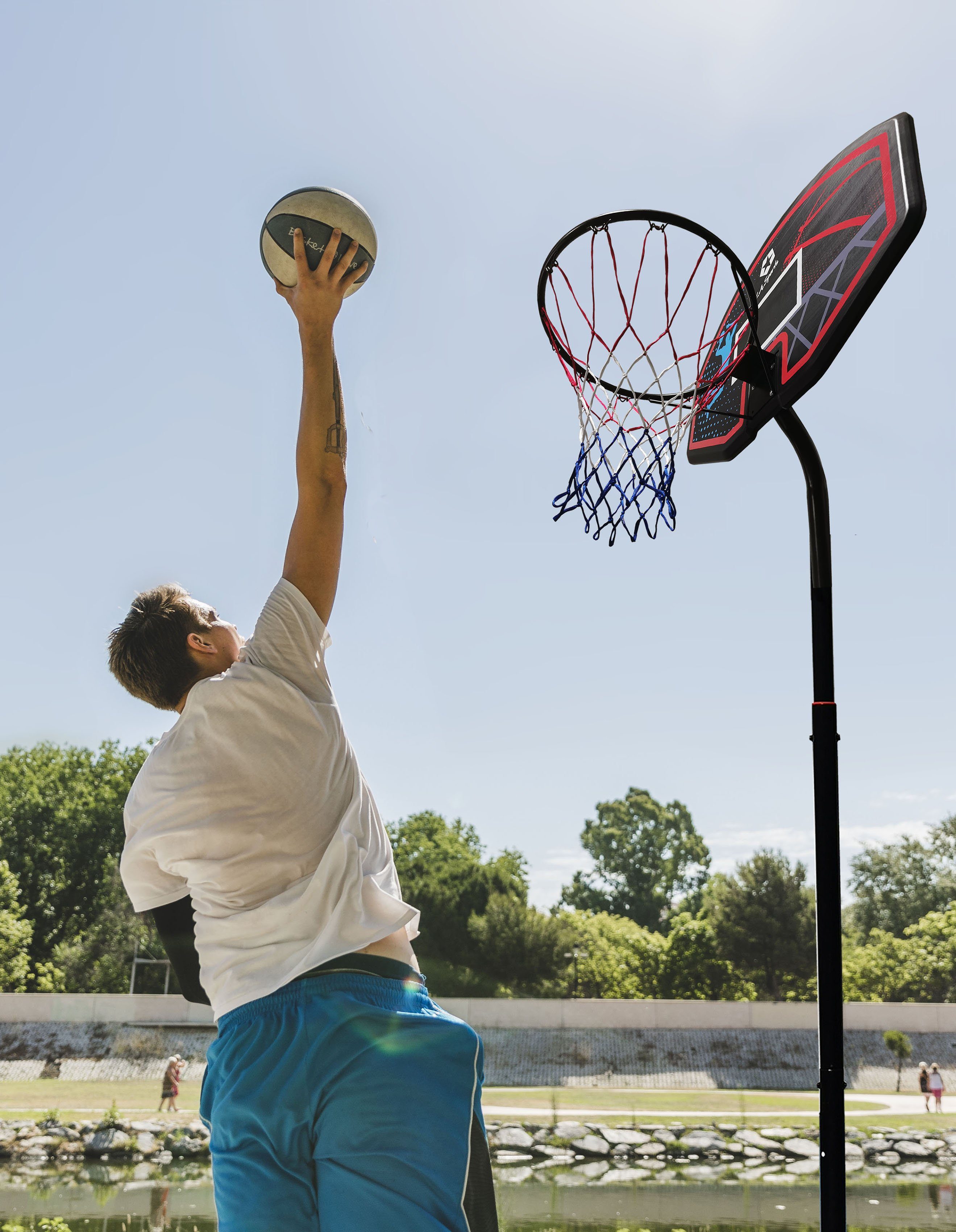 stabile und Basketballkorb, 3-St., Netz pulverbeschichtete L.A. Sports mit Ständer), Metallrohre Basketballkorb Komplett-Set mit (Set, Transportrollen,