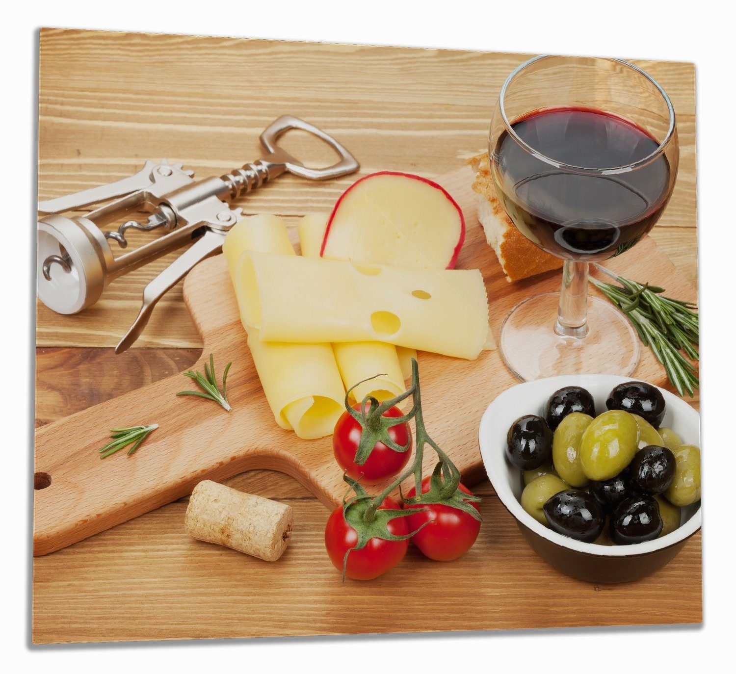 Wallario Herd-Abdeckplatte Genuss am Abend - Rotwein, Käseplatte, Oliven und Tomaten, ESG-Sicherheitsglas, (Glasplatte, 1 tlg., inkl. 5mm Noppen), verschiedene Größen