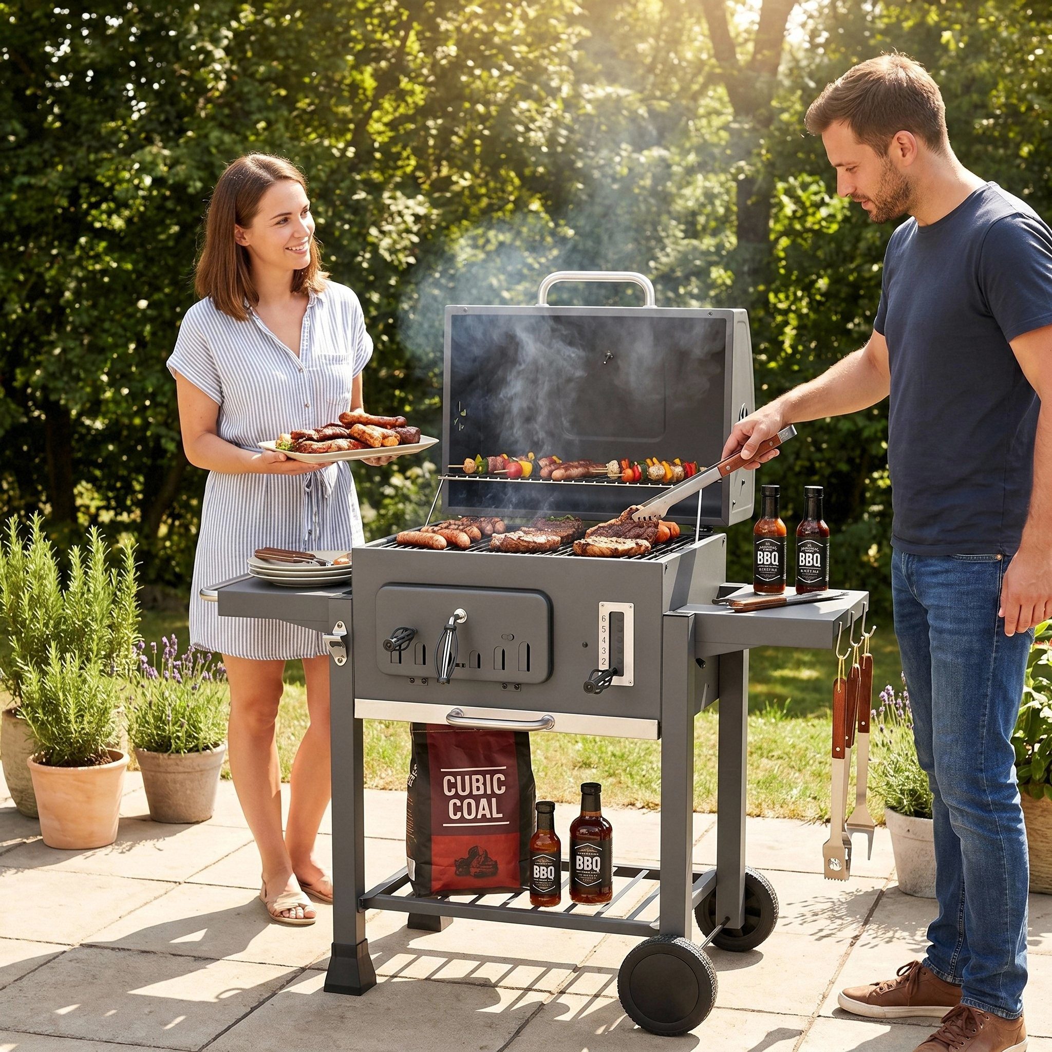 TLGREEN Holzkohlegrill XXL Holzkohlegrill Grillwagen mit Deckel, 3-Zonen Multifunktionaler Smoker Grill, Höhenverstellbare Kohleschale,Thermometer & 4 Lüftungsschlitze, Mit 2 klappbaren Ablagen, Rädern und Aschekasten