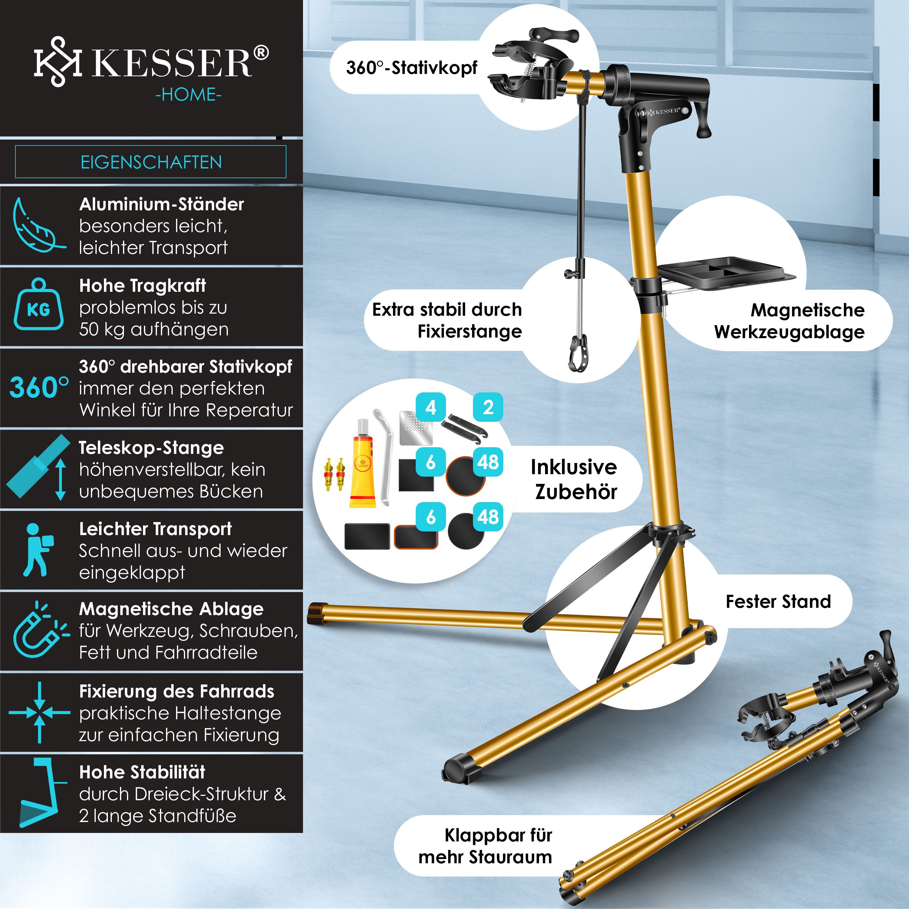 KESSER Fahrrad-Montageständer, Fahrradmontageständer Profi Reparaturständer Aluminium – Bild 2 von 5