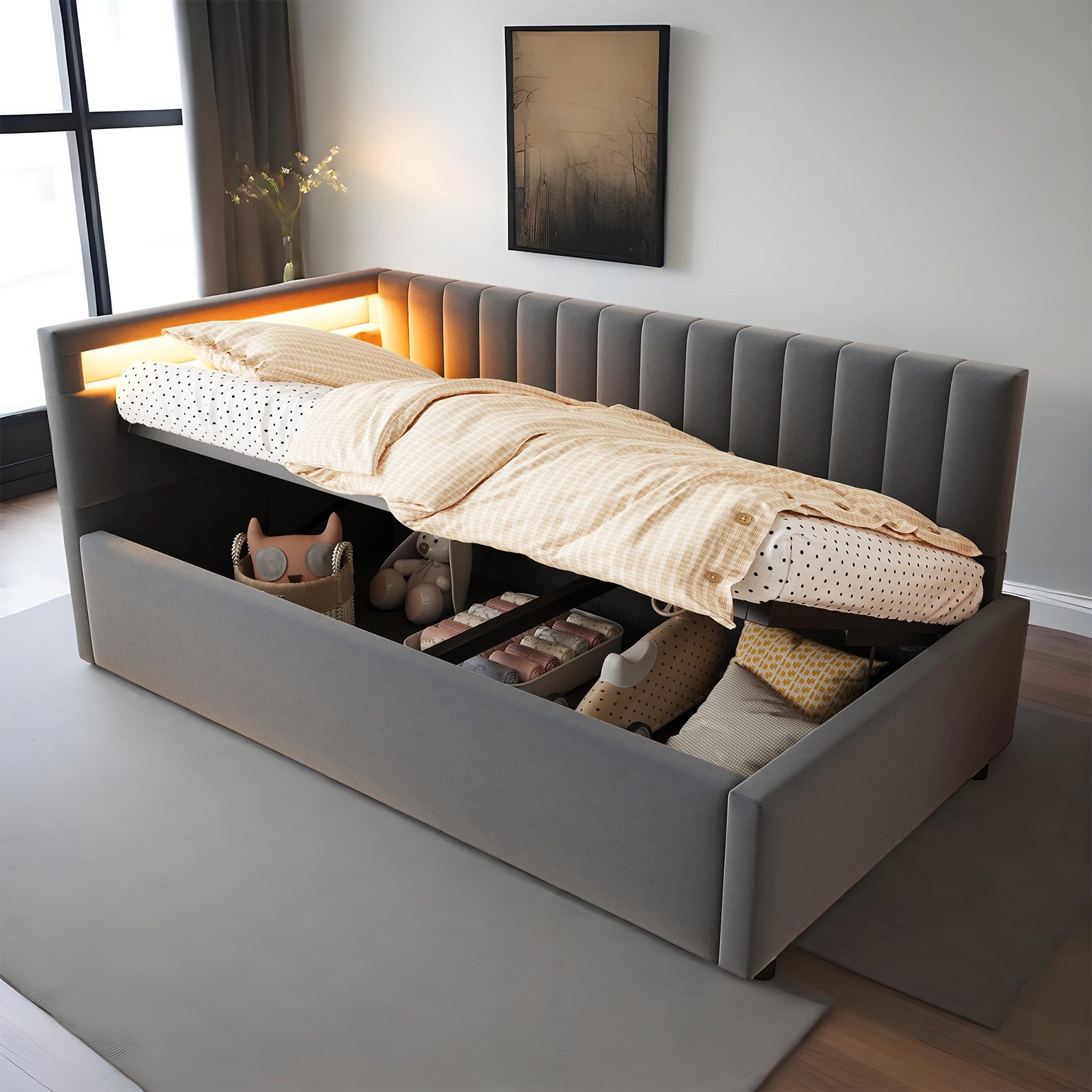 MODFU Schlafsofa Kinderbett, 90x200 cm mit LED-Beleuchtung, hydraulischem S günstig online kaufen