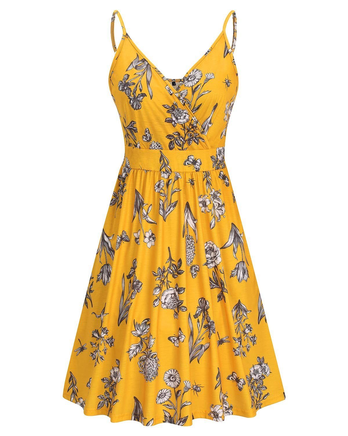 Damen OTGFNN21S234 Kleid Tank Ärmelloses Strandkleid Sommerkleid V-Ausschnitt G4Free Midilänge Kleider Blumen Sommer Vintage mit Gelb-NN234C Taschen