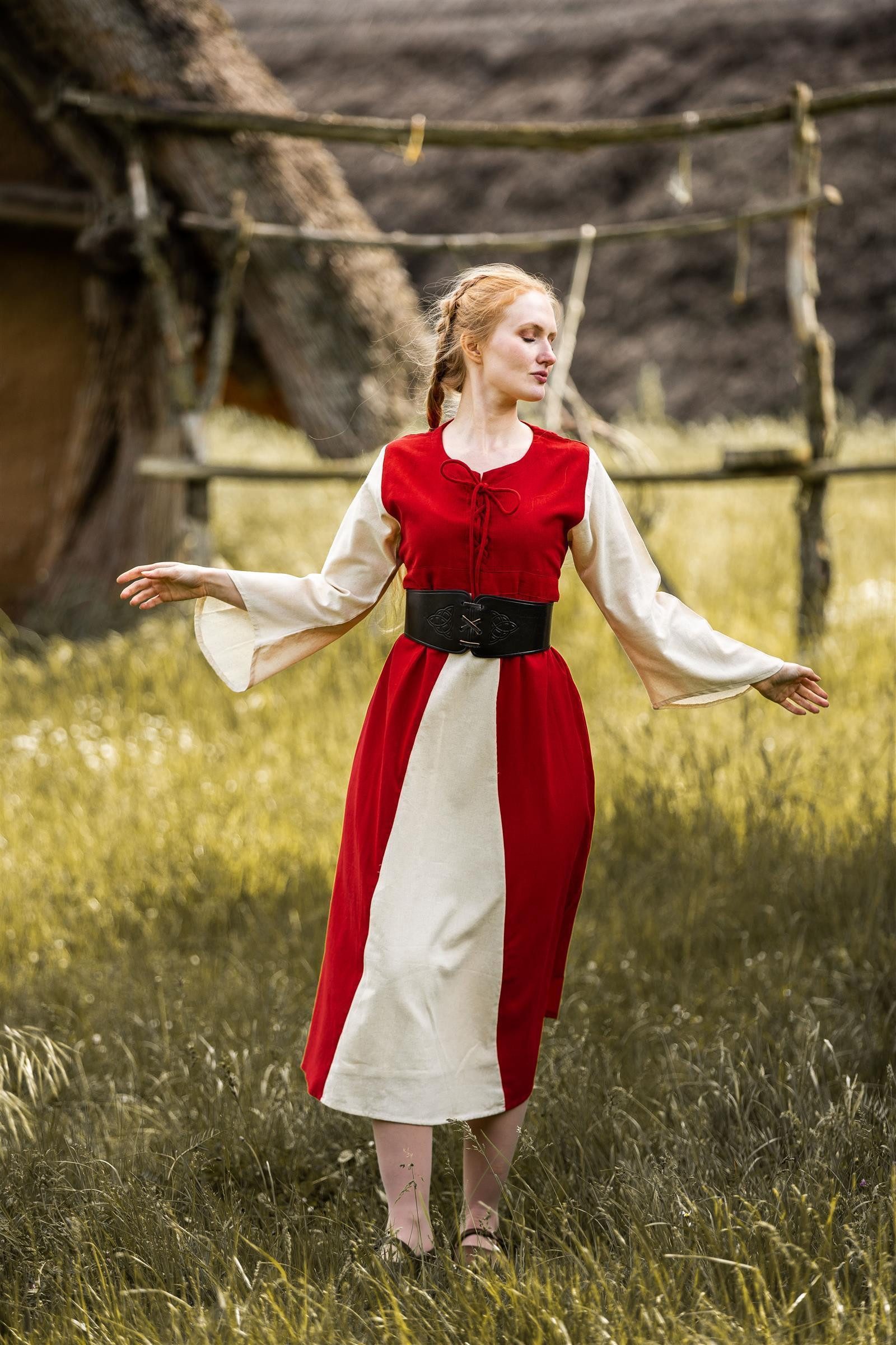 Leonardo Carbone Burgfräulein-Kostüm Baumwollkleid "Ilse" mit Trompetenärmeln, zweifarbige Gestaltung, Schnürung vorne und hinten