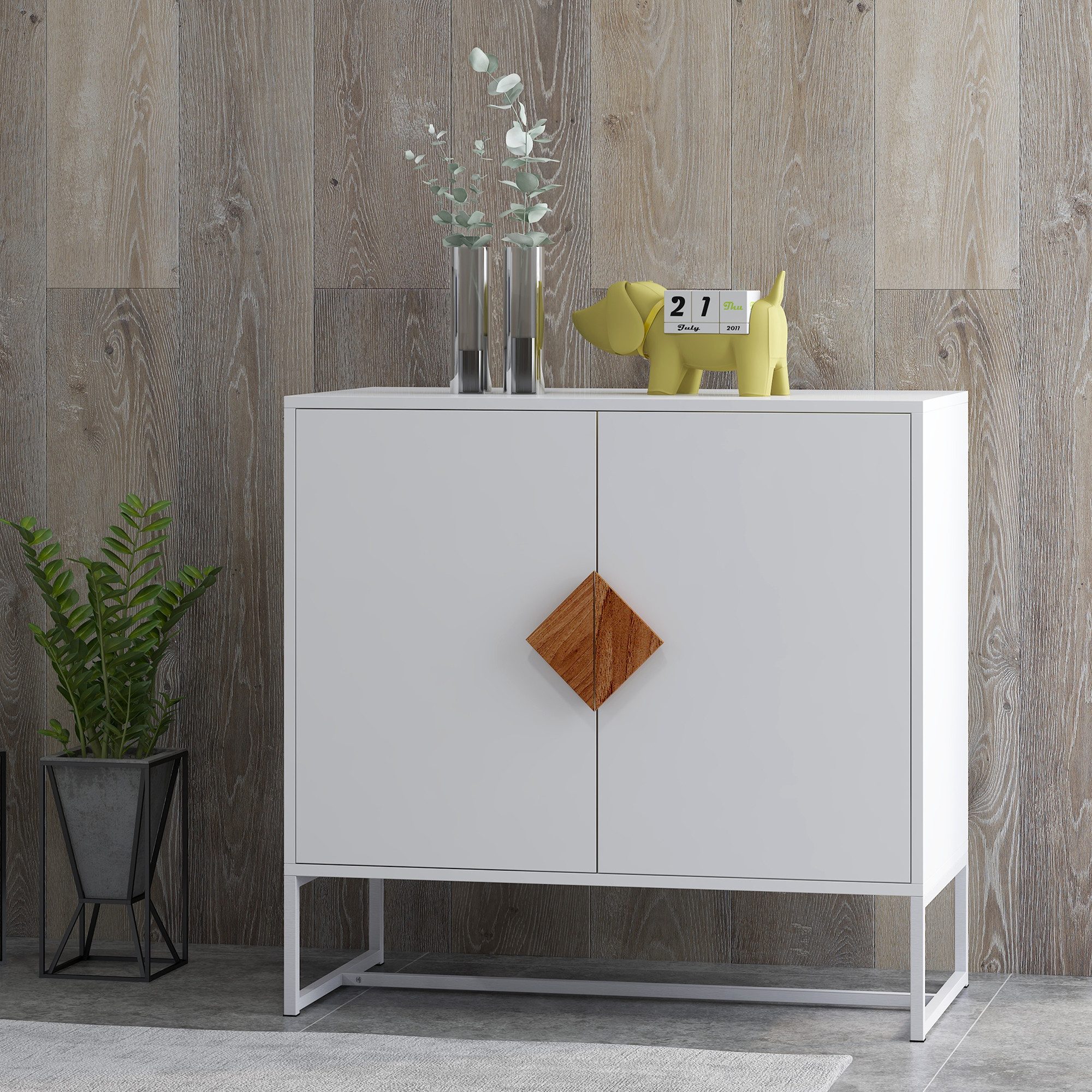 MODFU Sideboard mit quadratischem Griff, praktische Aufbewahrungslösung (Massives 2-türiges Küchenschrank, Anrichte, vielseitiger Stauraum)