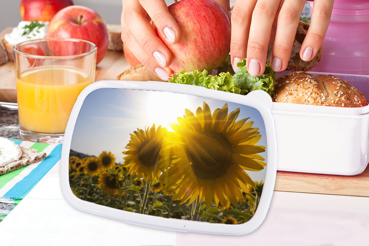 dem Brotdose, von und MuchoWow Erwachsene, auf Sonnenblumen Brotbox Jungs Mädchen Feld, (2-tlg), für Kunststoff, Kinder und für Nahaufnahme Lunchbox weiß