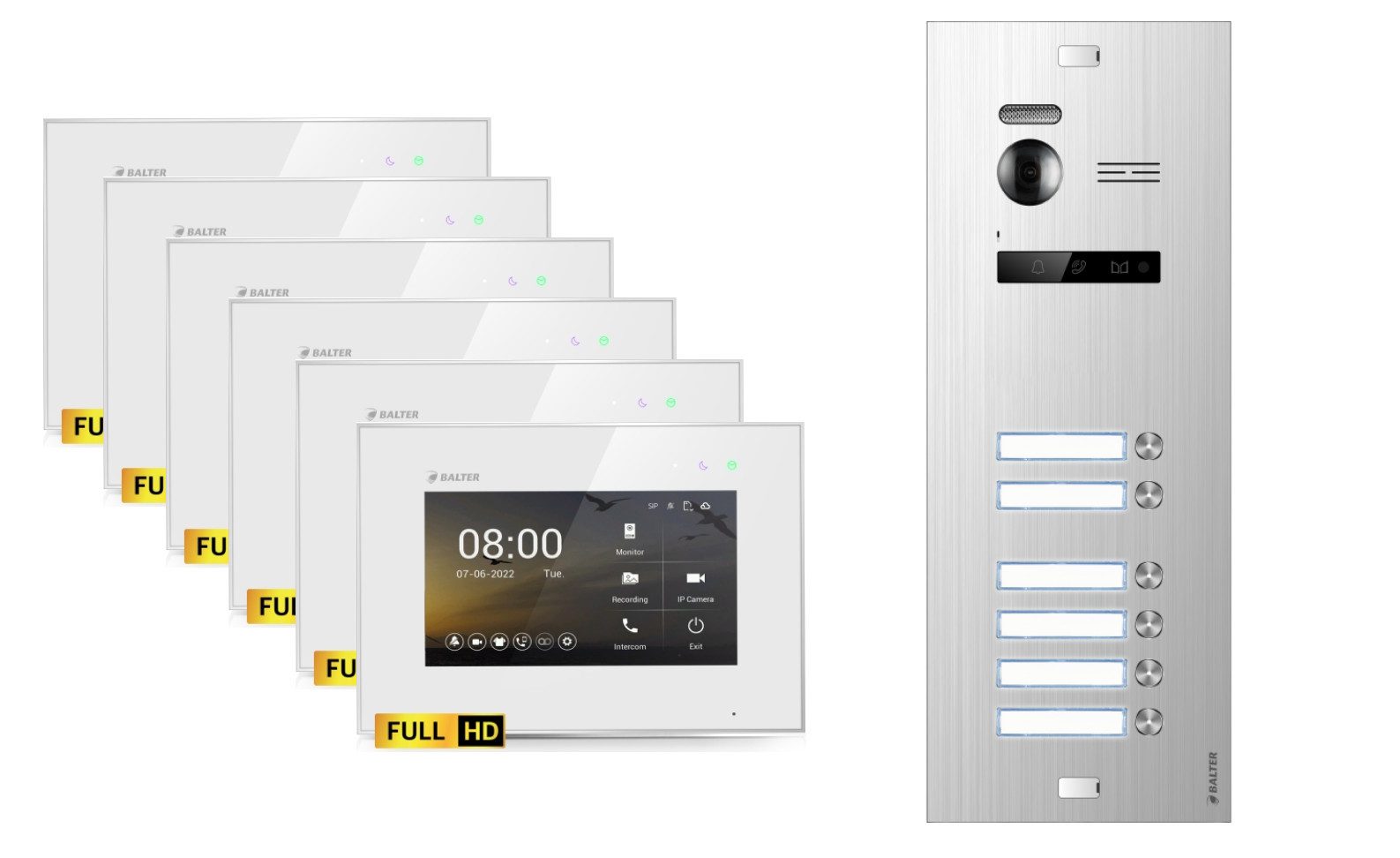 Balter Video-Türsprechanlage EVO-HD Komplettset 6-Familie Silber 6x 7" Monitor Weiß (Set, 6-Familienhaus, Komplettset, FullHD Kamera)