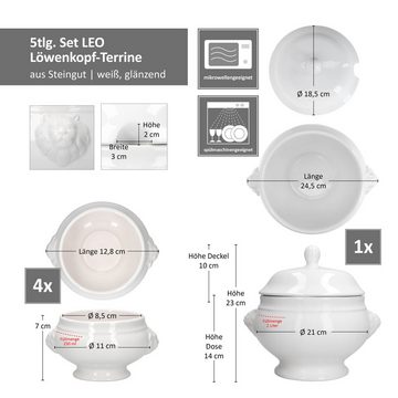 MamboCat Suppenschüssel 5tlg Set LEO Löwenkopf-Terrine mit & ohne Deckel 2L 0,25L weiß, Steingut