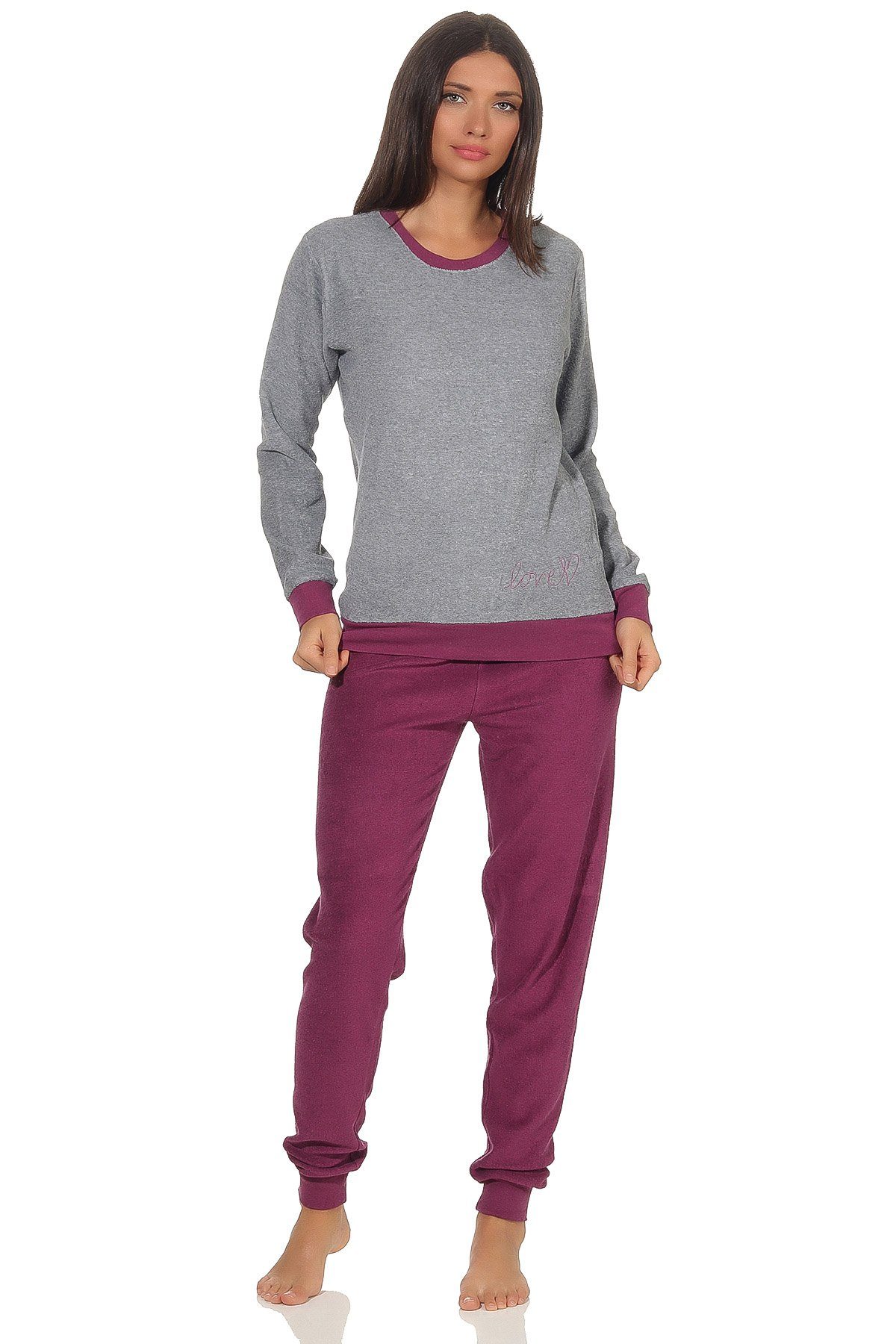 Normann Pyjama Damen langarm Frottee Schlafanzug mit Bündchen