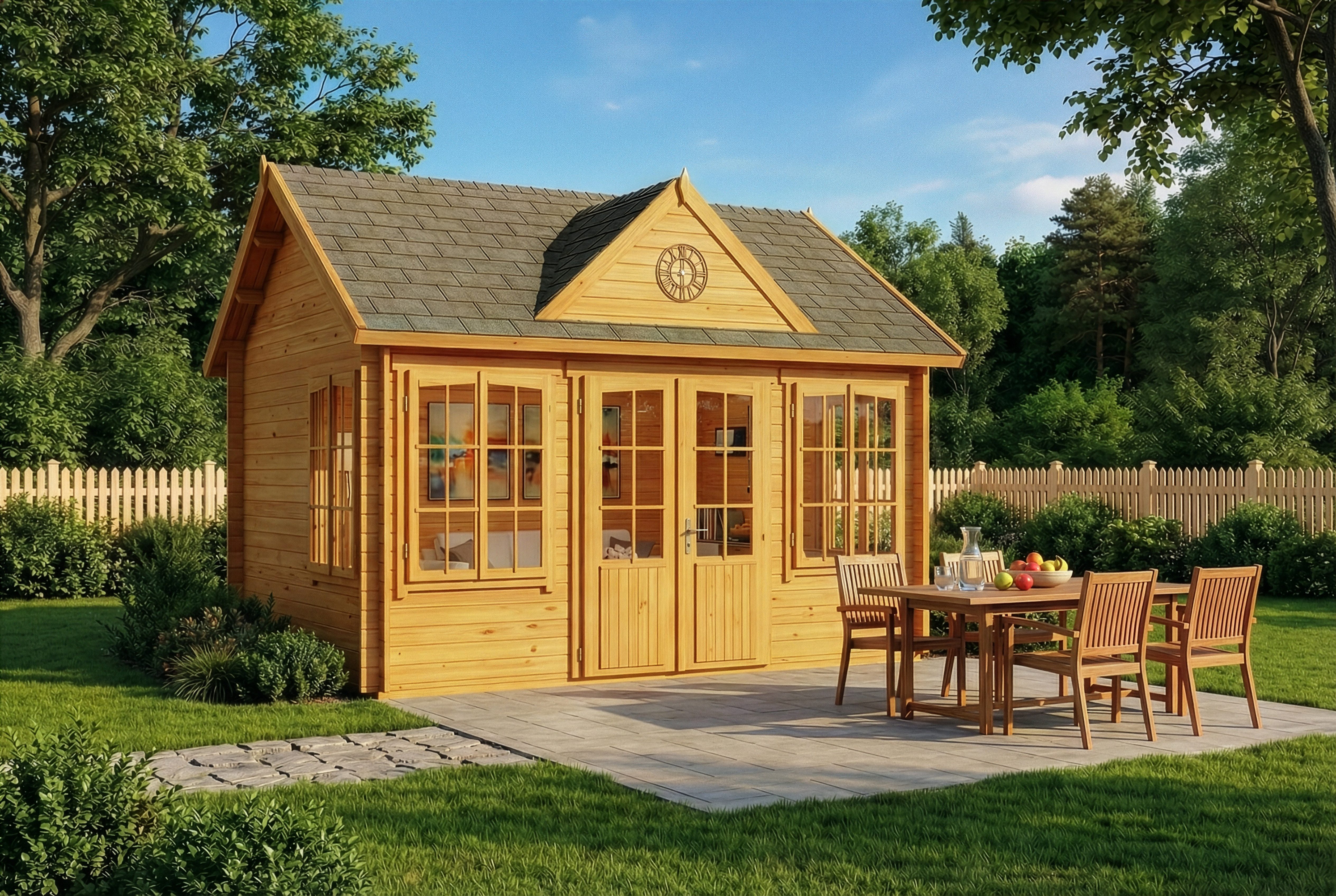 Alpholz Gartenhaus Holz Clockhouse Imprägniert 28mm Wandstärke, BxT: 440x340 cm, in Imprägniert (Pinie) mit 28mm Wandstärke
