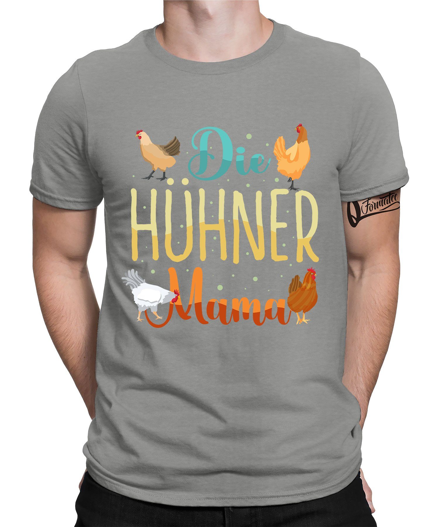 Mama Die Hühner Quattro T-Shirt Kurzarmshirt Herren Chicken Heather Formatee - (1-tlg) Hahn Bauern Grau Huhn