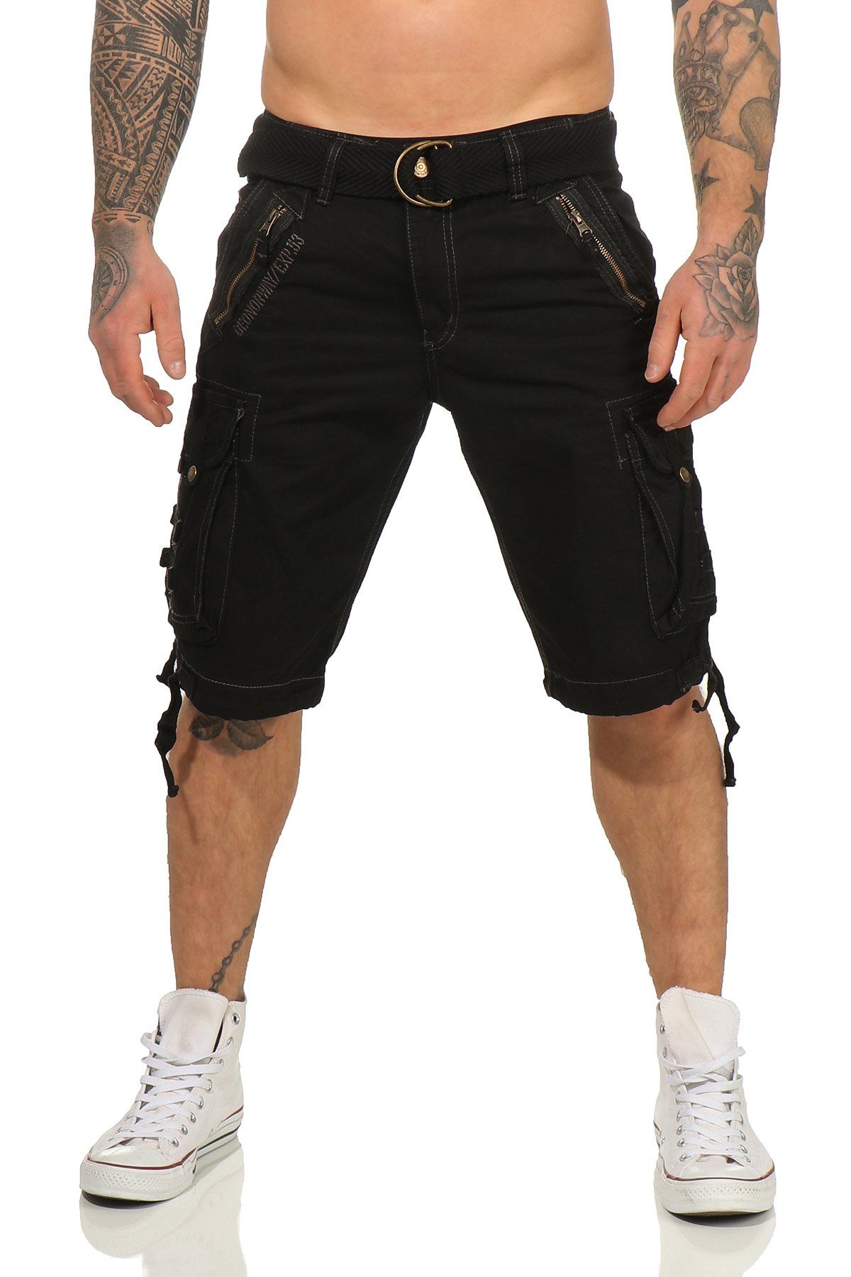 Shorts Norway (mit Geographical G-PAPARAZZI Hose, Gürtel) kurze unifarben abnehmbarem Shorts, Cargoshorts Schwarz Herren