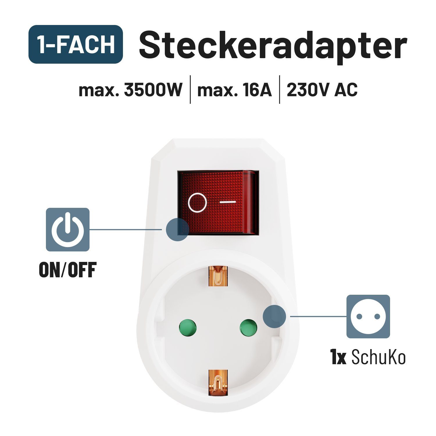 Schalter, ohne 1fach - mit Erhöhter Zwischenschalter Berührungsschutz) greate. 1-fach Steckdosenadapter Kabel Schalter Mehrfachsteckdose (Mit