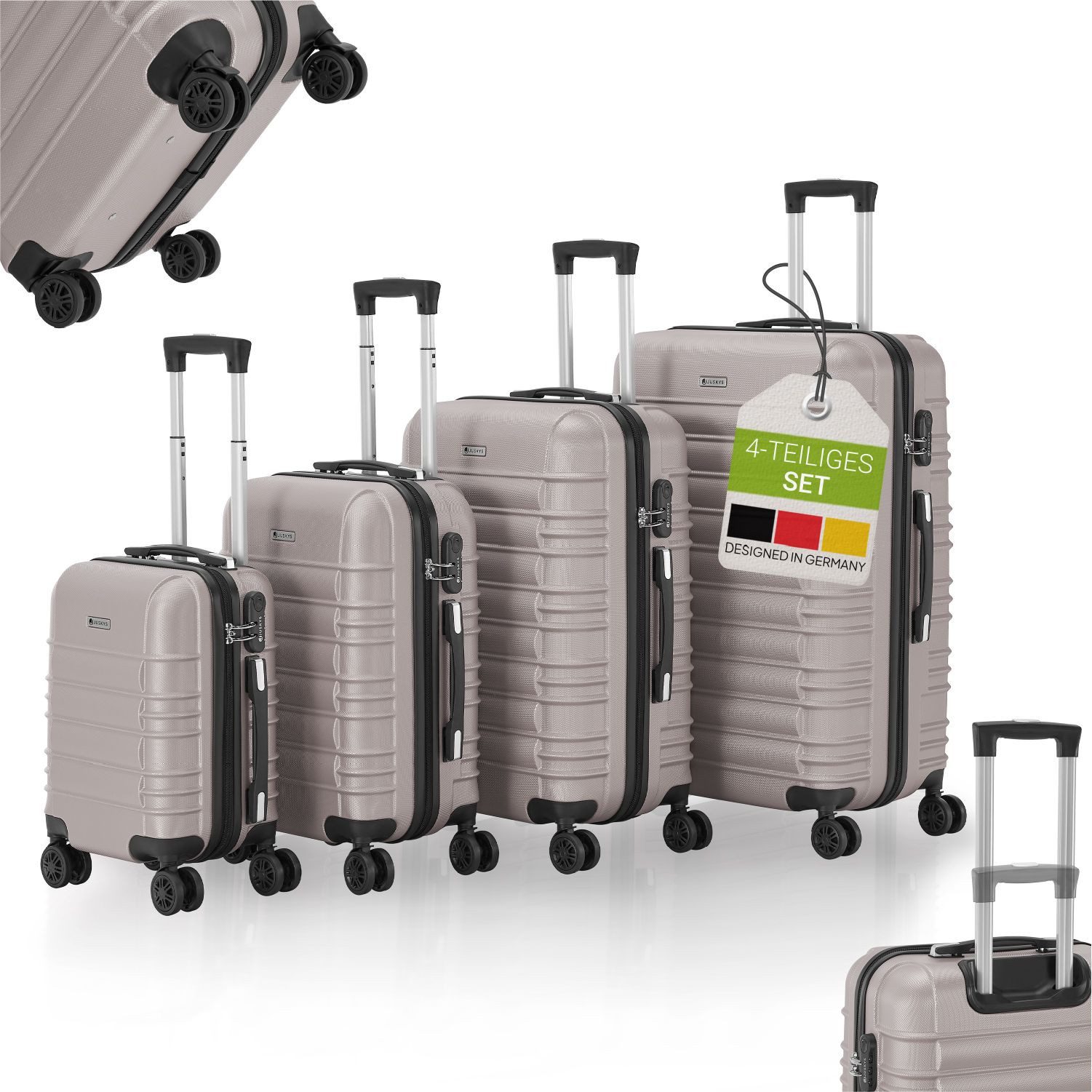 Juskys Trolleyset Rom, 4 Rollen, (4 tlg., 4-teilig), 4 Koffer, 360° Rollen, robuste Hartschale, mit Zahlenschloss