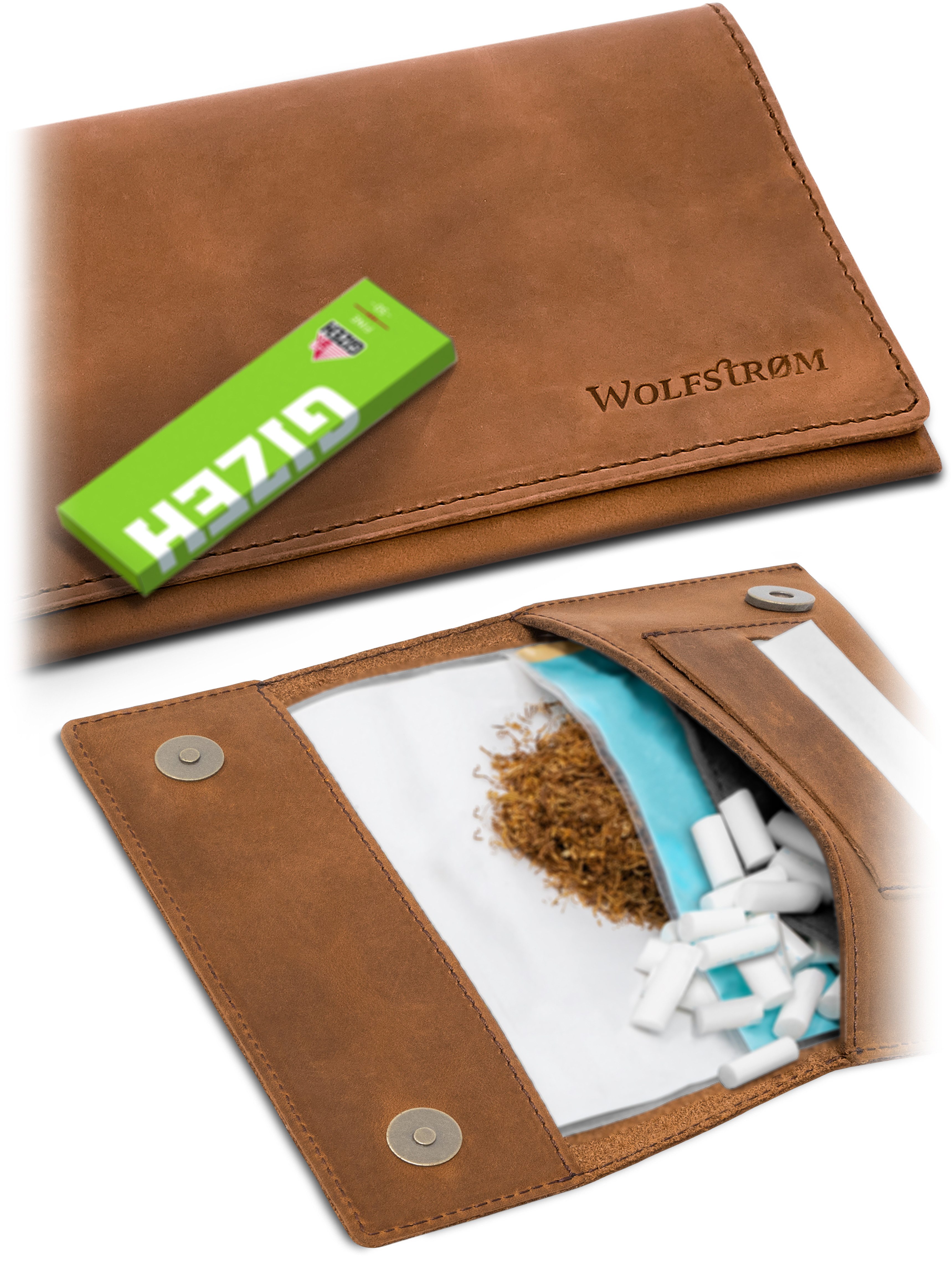Wolfstrøm Tabakbeutel Leder 'Halona' - Kompakte Tabaktasche, Gizeh Papers, Magnetverschluss (Made in EUROPE, Design in Germany, inkl. GIZEH Papers, inkl. Geschenkbox), Vollnarbenleder, Echtleder