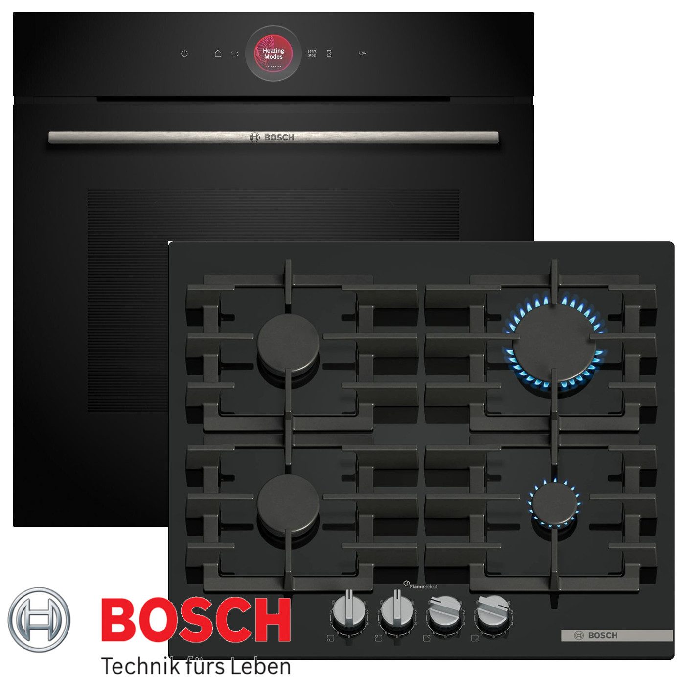 BOSCH Gasherd-Set Bosch Gas-Herdset Autark Backofen Serie8 Schwarz + Gas-Kochfeld Glas, mit 1-fach-Teleskopauszug, EcoClean Direct, 4D Heissluft, EcoClean Direct, TFT-Display, Gedämpfte Backofentür