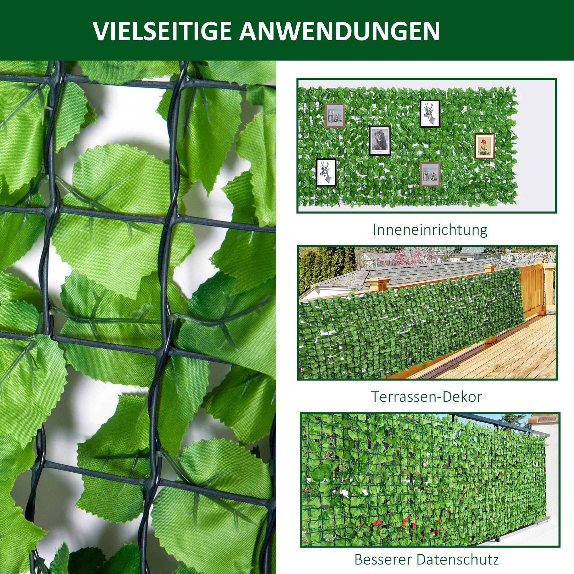 Outsunny Zierzaun Hecken Sichtschutz, UV Geschützt, grün, Zaun Sichtschutzgitter, (Sichtschutzhecke, 1-St., Wanddekoration), L300 x B150cm – Bild 5 von 5