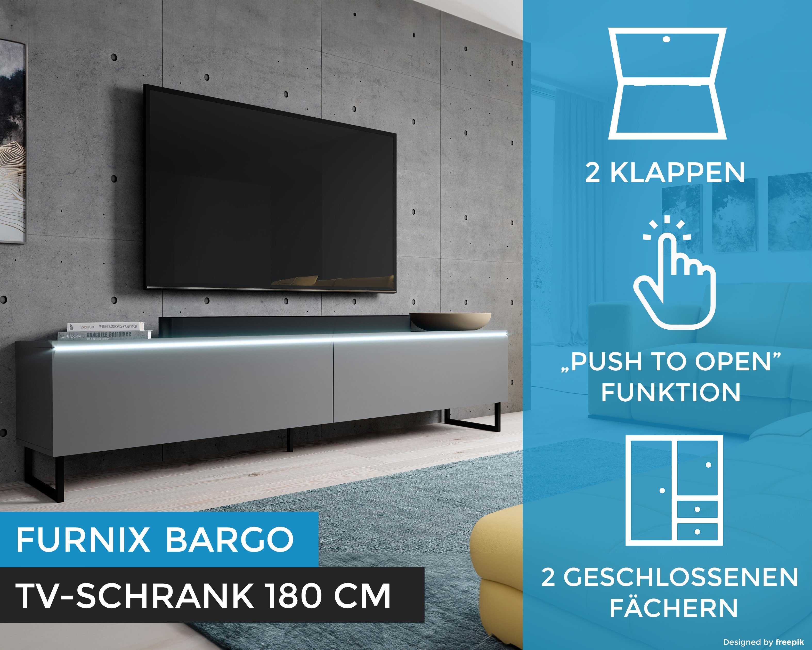 OHNE Metallfüßen x cm H34 mit B180 T32 LED, Furnix TV-Board BARGO Anthrazit TV-Schrank x
