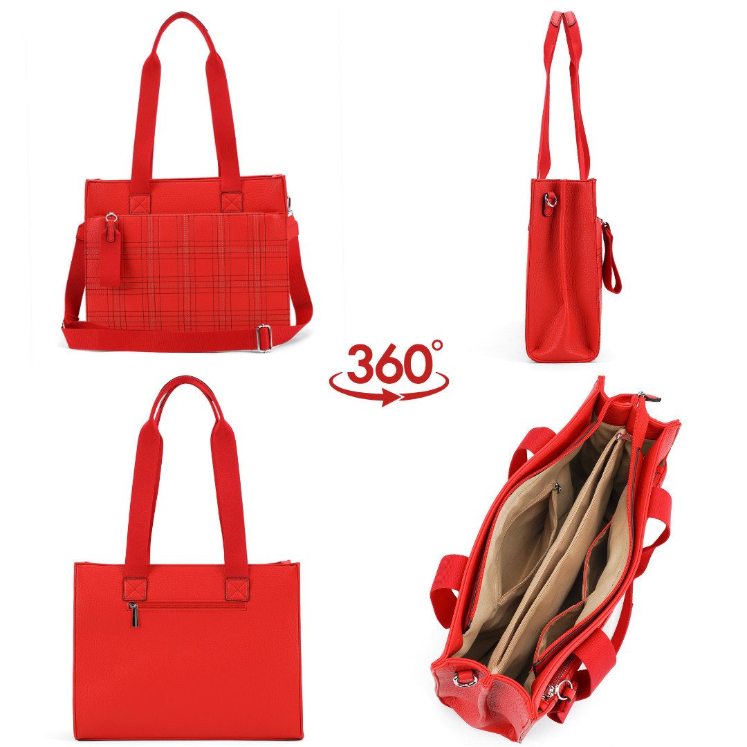 MIRROSI Shopper Damen Tasche Leder-Optik – große Schultertasche mit Karomuster, ca. 42 x 14 x 33 cm, Reißverschluss & langem Riemen