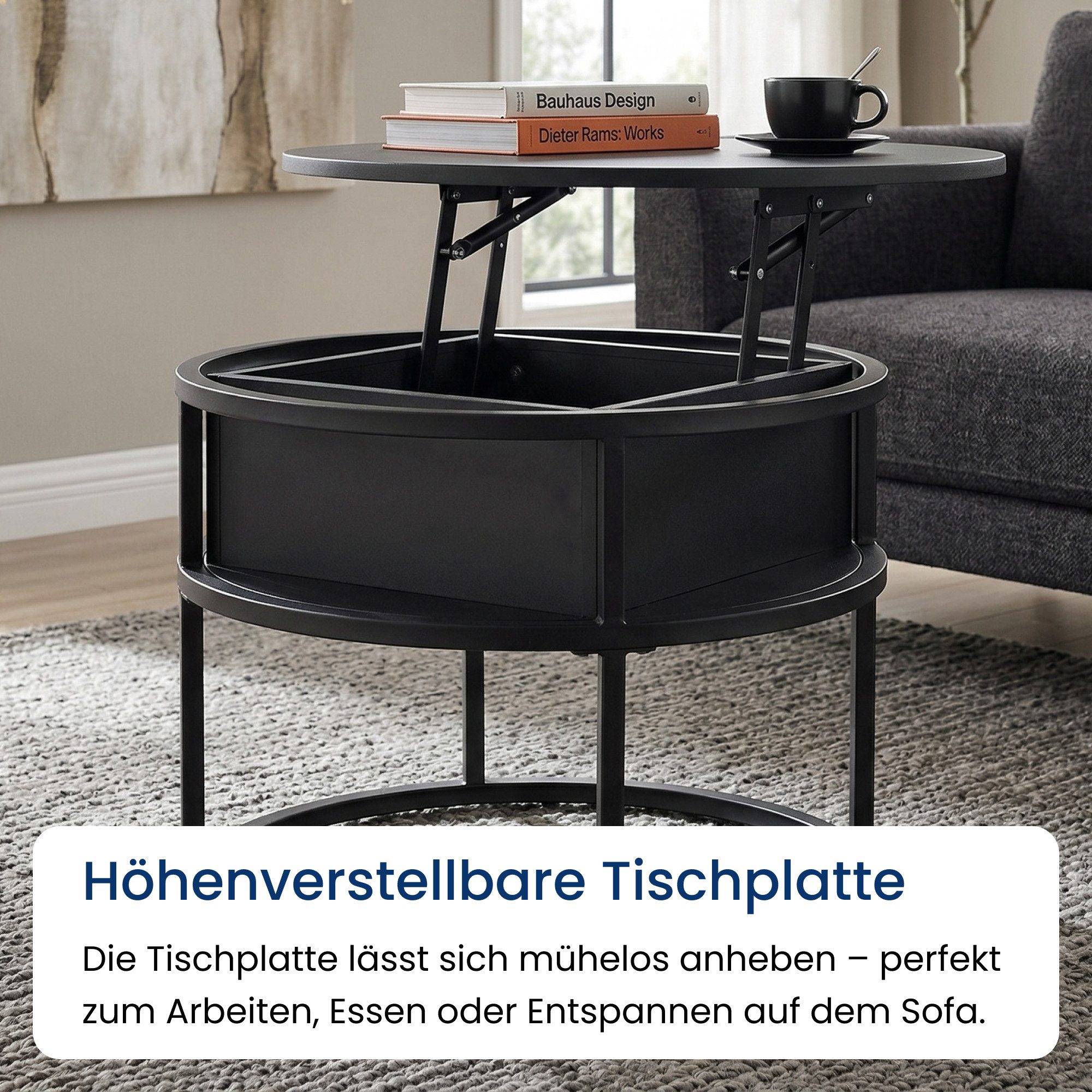 Home Collective Couchtisch Beistelltisch rund 60cm Wohnzimmertisch höhenverstellbar mit Stauraum (ideal als Büro Ablagetisch oder als Wohnzimmer Deko), hochwertiges Design mit Metallgestell, mit integriertem Fach, schwarz