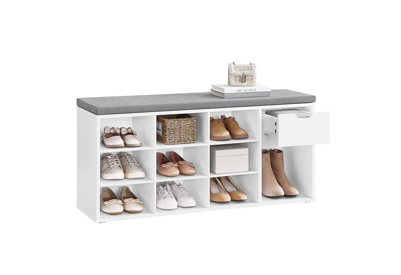 VASAGLE Schuhbank Schuhregal, Flur, Schlafzimmer und Eingangsbereich, 30 x 104 x 48 cm, 1 Schublade, 10 offene Fächern, Sitzbank, gepolsterter Sitz, weiß