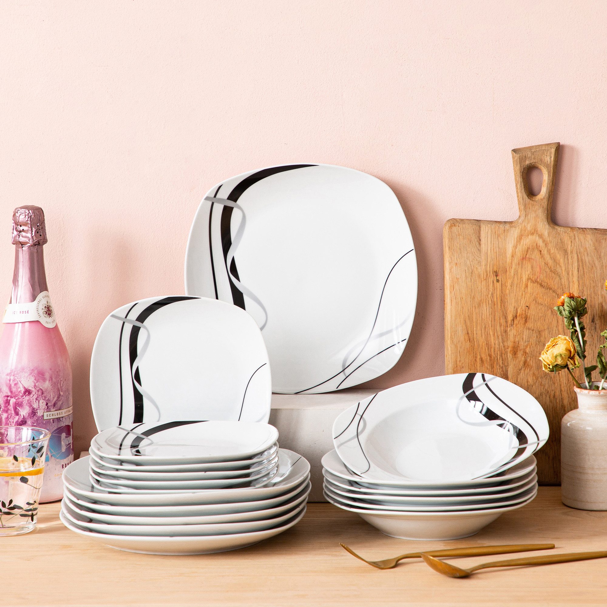 MALACASA Geschirr-Set Geschirrset FIONA für 6/4, Grauweiß Porzellan Kombiservice (18-tlg), 6 Personen, Porzellan