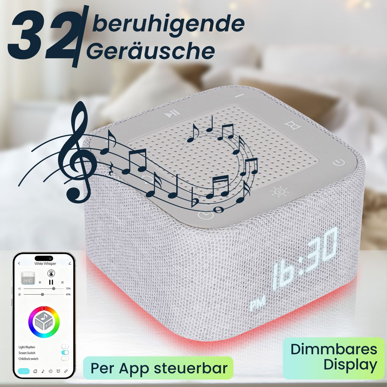 shop'n smile ideoon Wecker 2W White-Noise Wecker Bluetooth-Lautsprecher & RGB Nachtlicht USB 800mAh-Akku Auto-Off-Timer & Snooze Funktion dimmbares Display – Bild 4 von 5