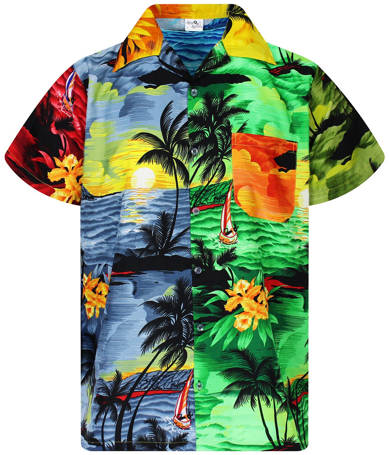 King Kameha Hawaiihemd Surf Funky Hawaii-Hemd Herren Kurzarm Front-Tasche Stylish Unisex